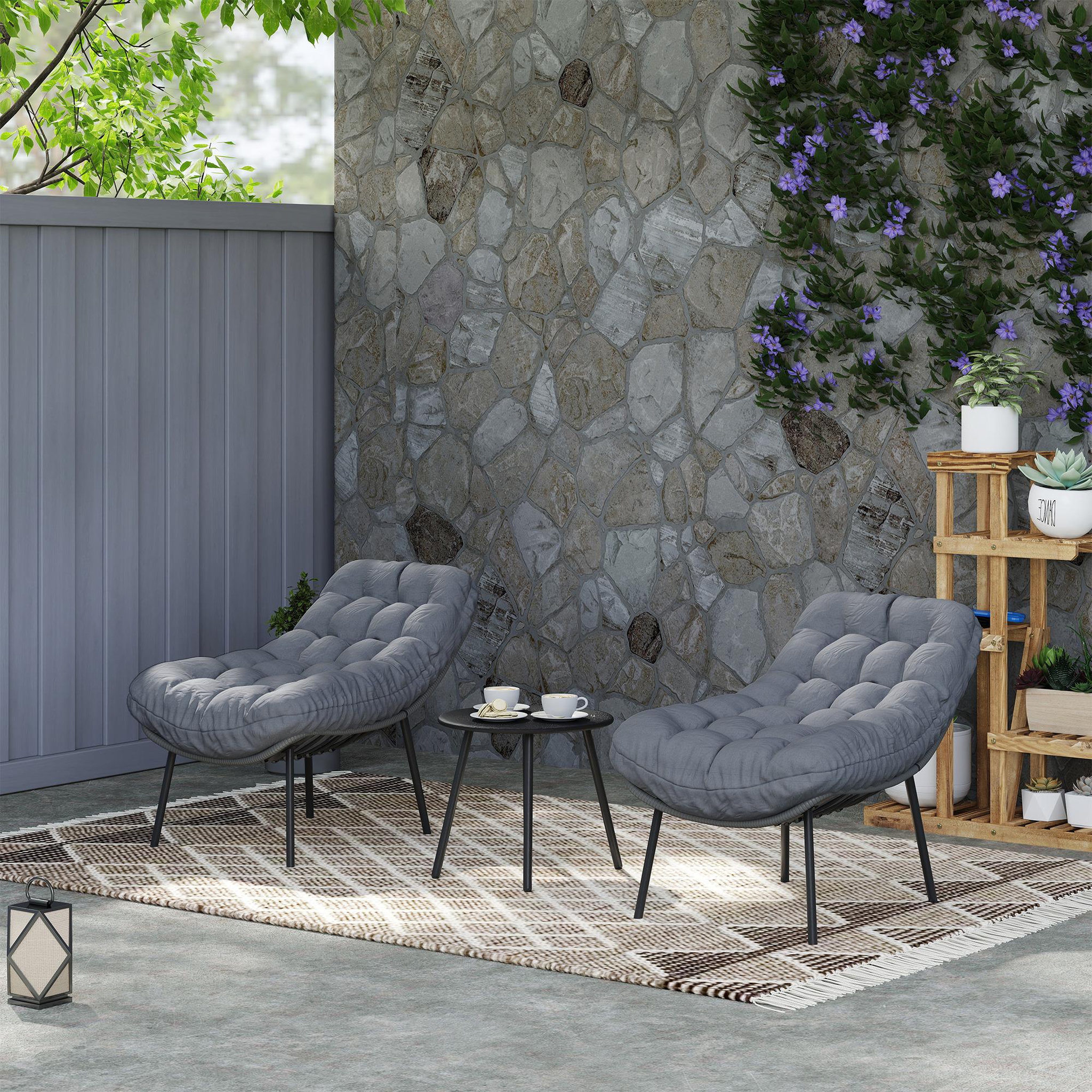 Voir la diapositive 5 : OUTSUNNY Salon de jardin 2 places 3 pièces style cosy épais coussins capitonnés 15 cm acier résine gris