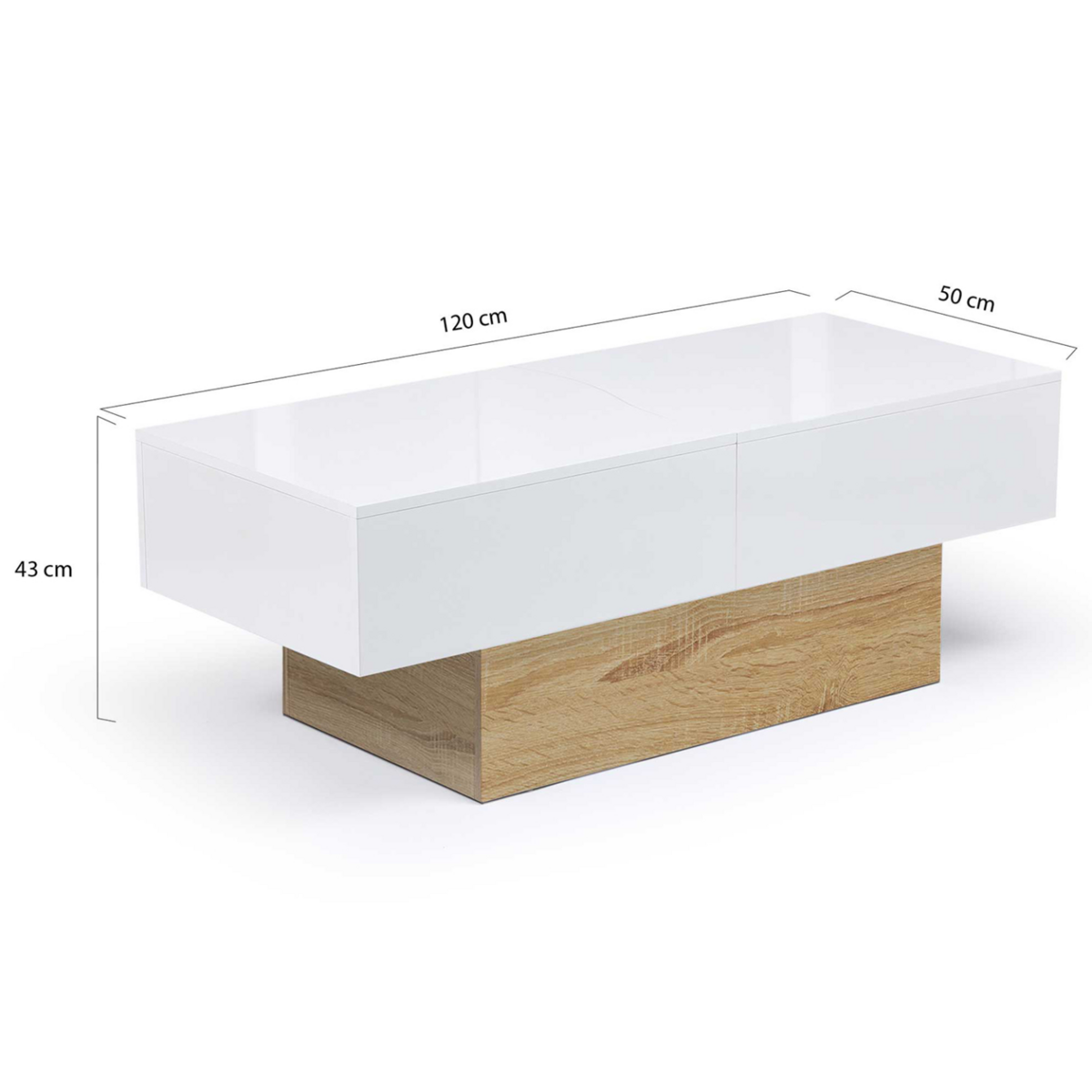 ID MARKET Table basse coulissante rectangulaire MARTA bois imitation hêtre et blanc