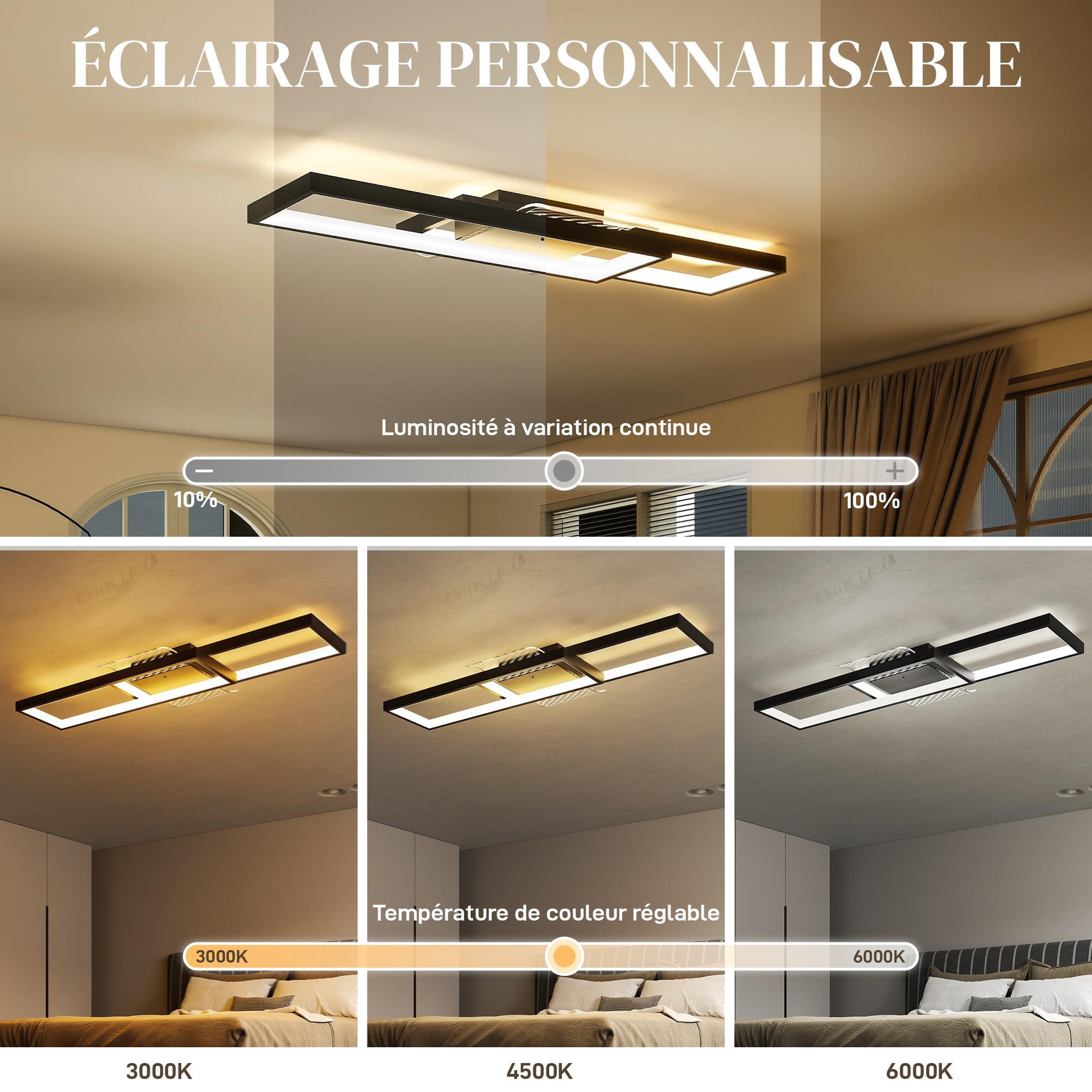 Voir la diapositive 5 : HOMCOM Plafonnier led design couleur luminosité réglable 43w télécommande acier noir pvc transparent