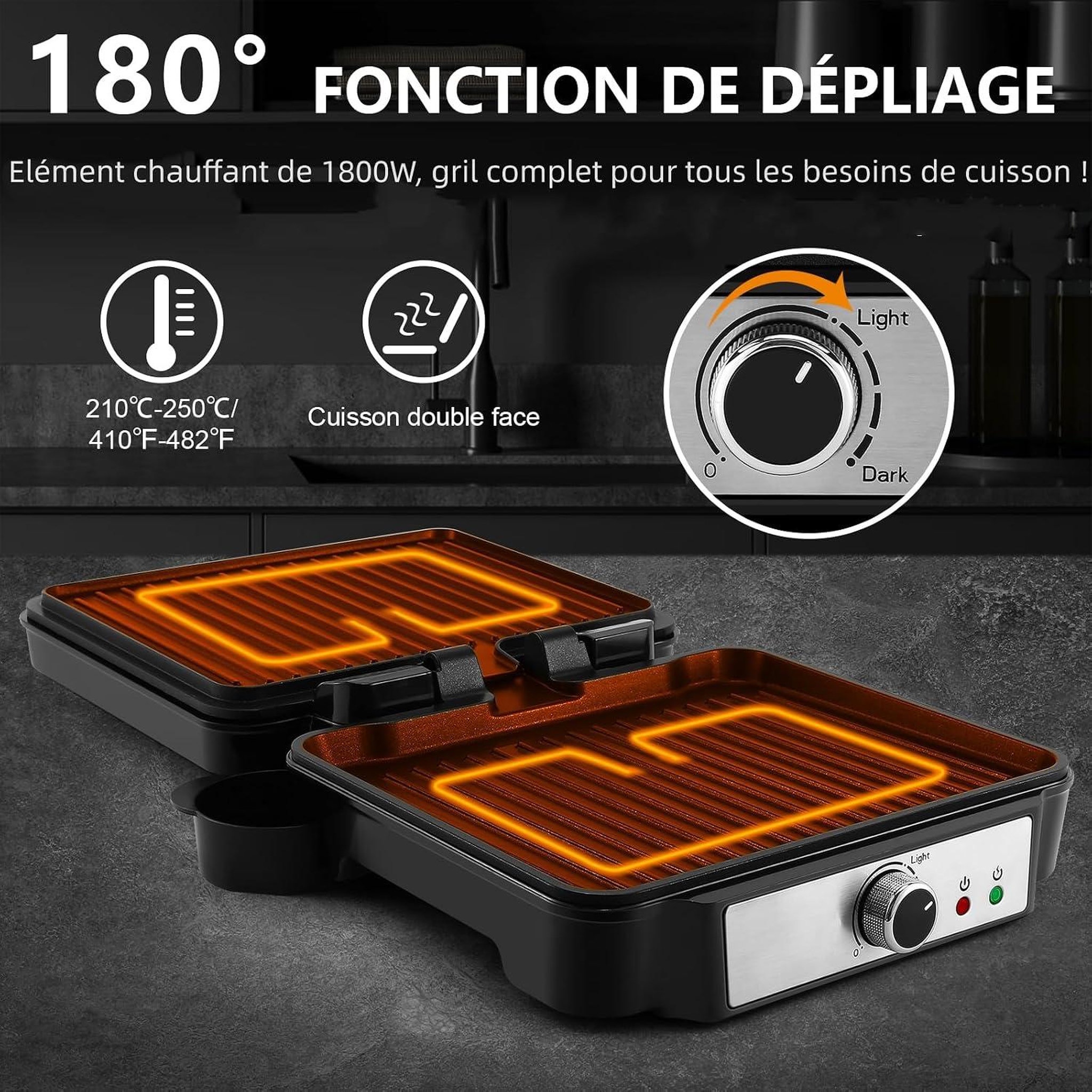 Voir la diapositive 2 : YASHE Gril de contact 1800 W, 4 tranches, ouverture 180°