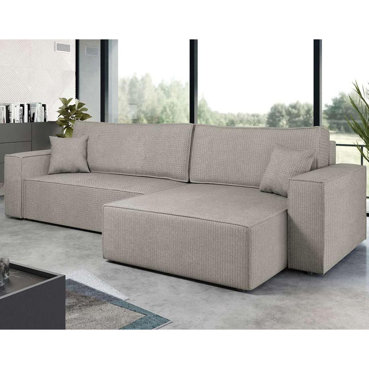 BEST MOBILIER Cezanne - canapé d'angle réversible 5 places convertible avec coffre en tissu texturé