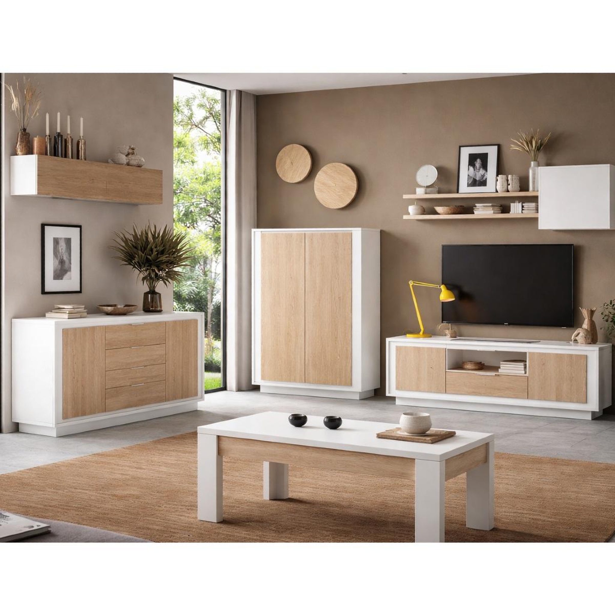Voir la diapositive 5 : JLC KREATION Buffet bas blanc et bois 2 portes-3 tiroirs 180cm yori
