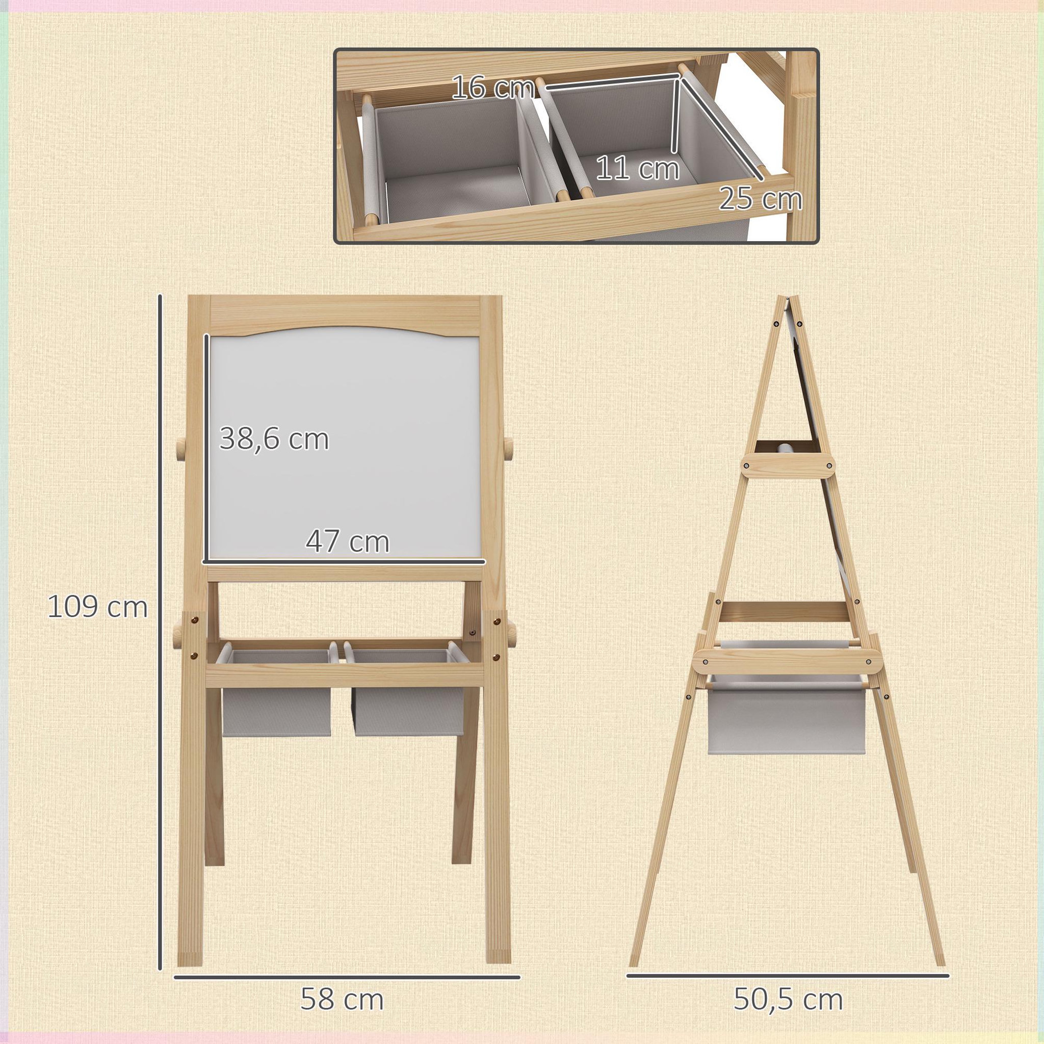 Voir la diapositive 3 : HOMCOM Tableau enfant - chevalet enfant - ardoise double face - tableau blanc tableau à craie - rouleau papier, 2 paniers rangement - MDF pin
