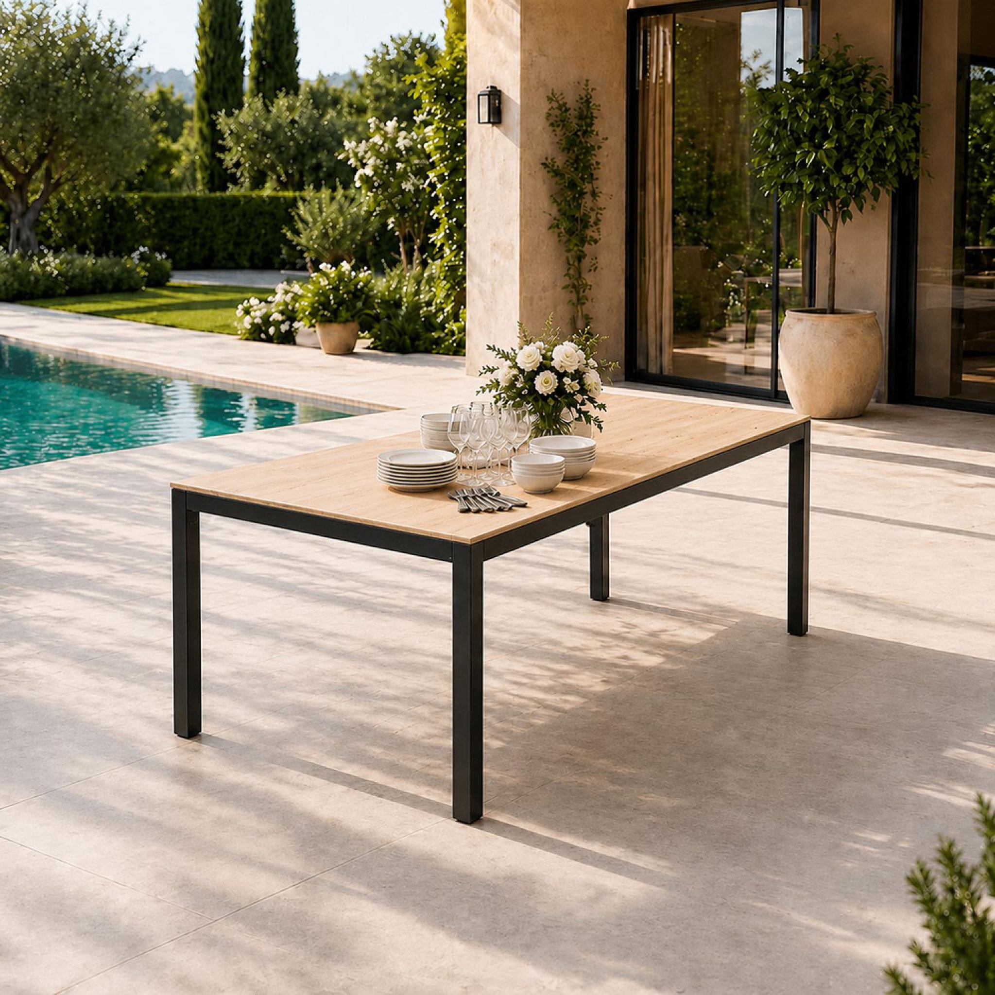 Voir la diapositive 2 : CONCEPT USINE Table de jardin 190cm 8 personnes avec plateau en verre trempé effet bois brisbane