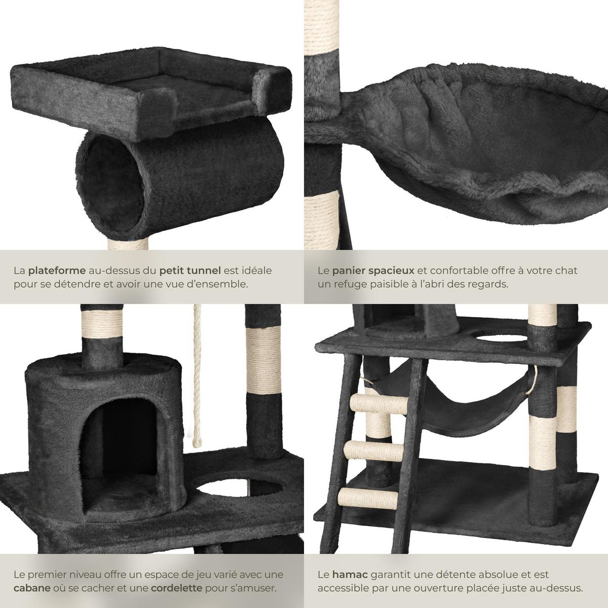 tectake Arbre à chat 141 cm avec griffoir et plateforme d'escalade noir