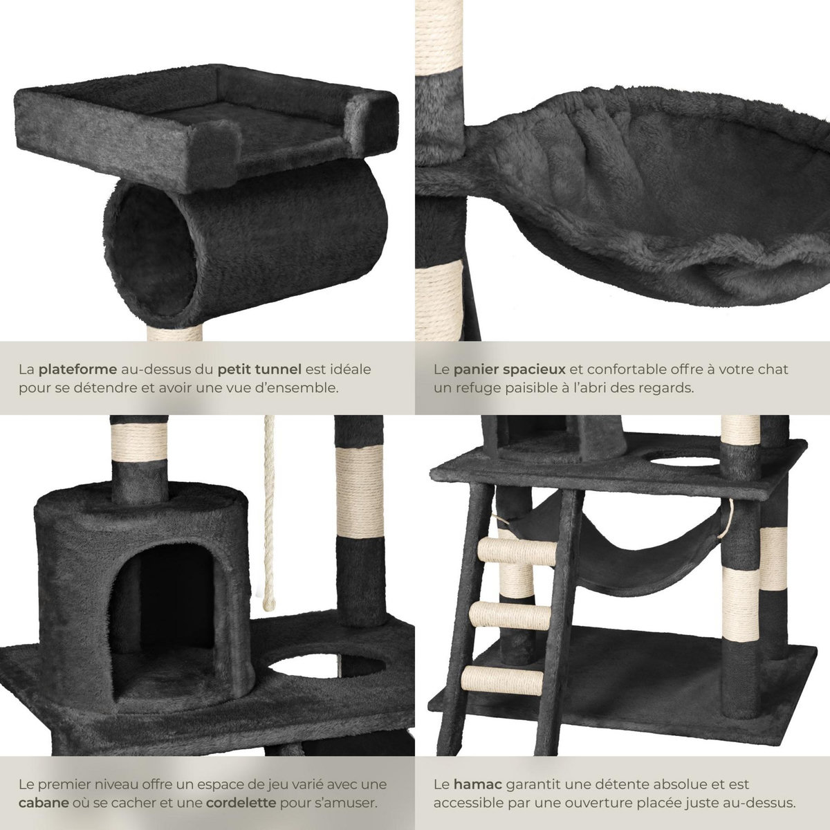 tectake Arbre à chat 141 cm avec griffoir et plateforme d'escalade noir