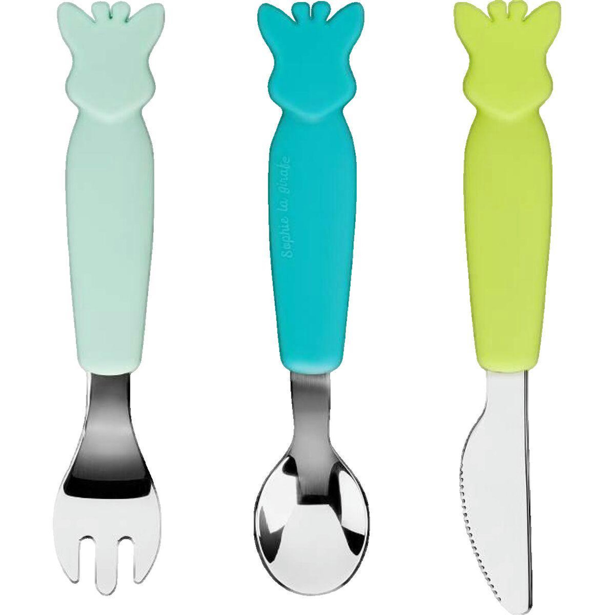 Voir la diapositive 2 : SOPHIE LA GIRAFE Set de couverts Sophie la girafe silicone avec extrémités métalliques