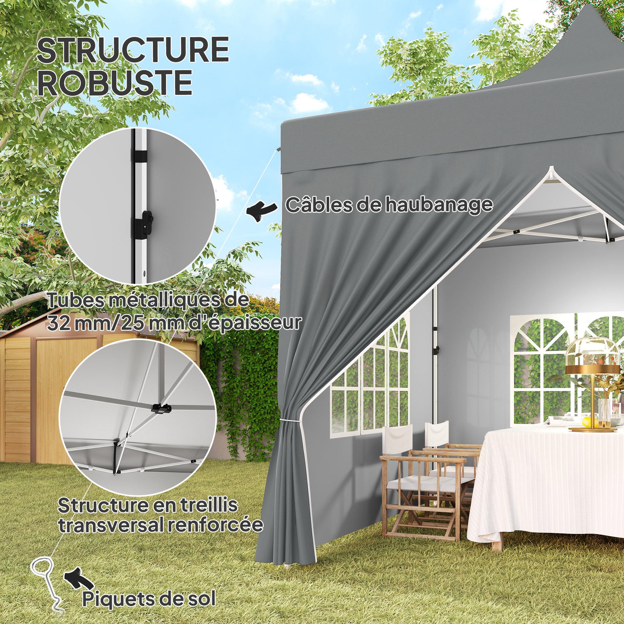 Voir la diapositive 6 : OUTSUNNY Tonnelle barnum pop-up 3 x 3 m 4 parois latérales amovibles 3 fenêtres hauteur réglable sac transport gris