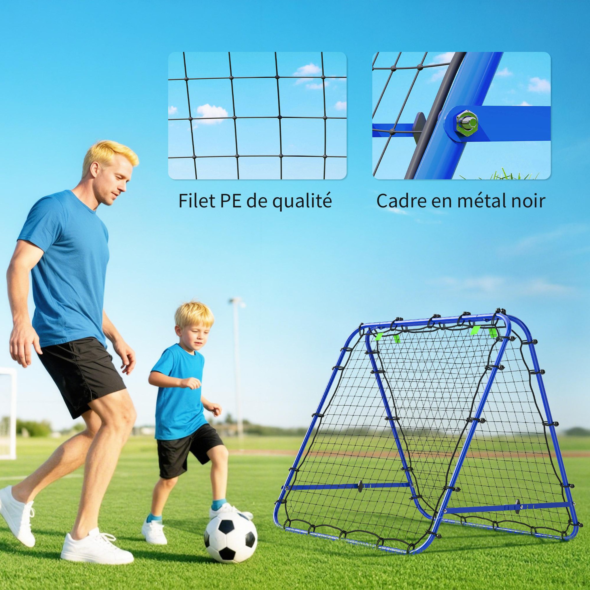 Voir la diapositive 6 : HOMCOM Filet de rebond double face pliable réglable 91 x 91 cm - rebondisseur football - acier pe bleu