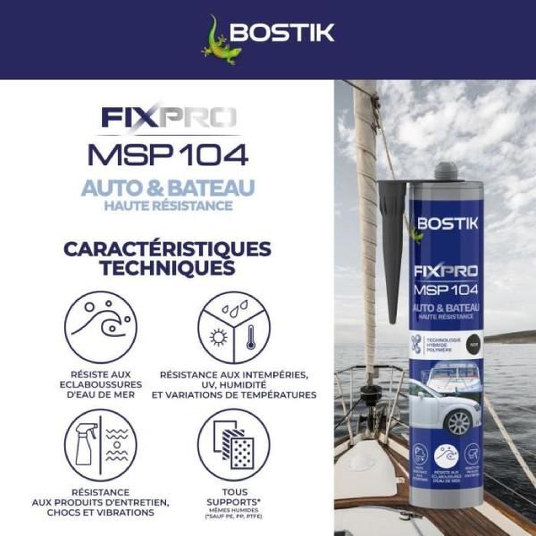 Voir la diapositive 2 : Bostik Mastic auto/bateau - BOSTIK - Fixpro MSP 104 - Colle et joint - Résiste intempéries et eau de mer - Noir - 290 ml