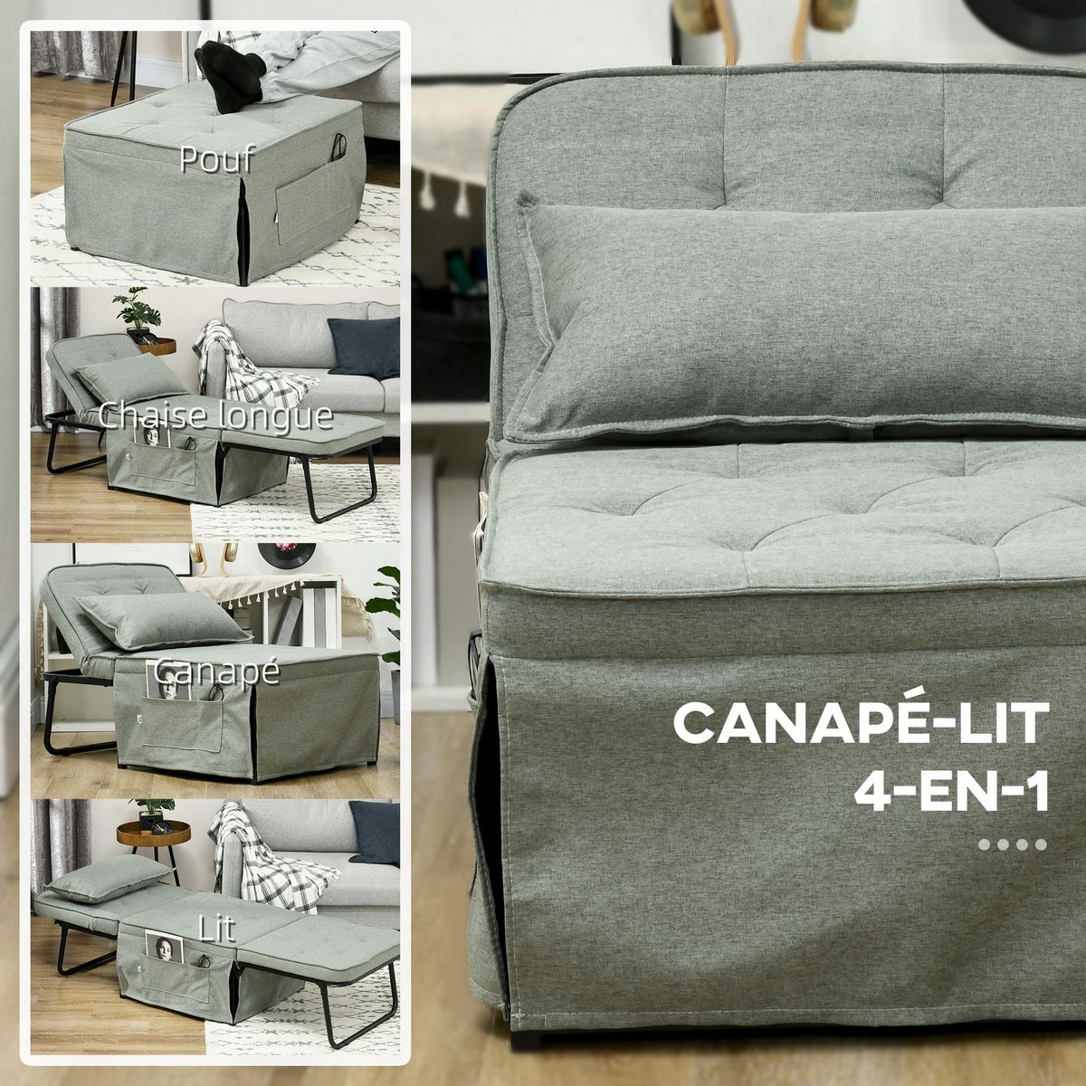 HOMCOM Fauteuil chaise longue lit pouf 4 en 1 dossier inclinable 5 niveaux repose-pied rabattable châssis acier noir tissu gris