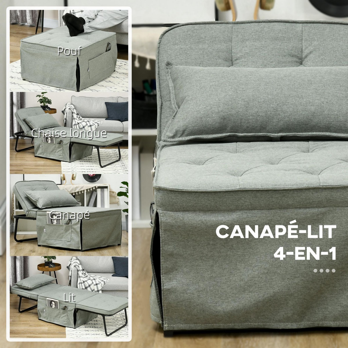 HOMCOM Fauteuil chaise longue lit pouf 4 en 1 dossier inclinable 5 niveaux repose-pied rabattable châssis acier noir tissu gris