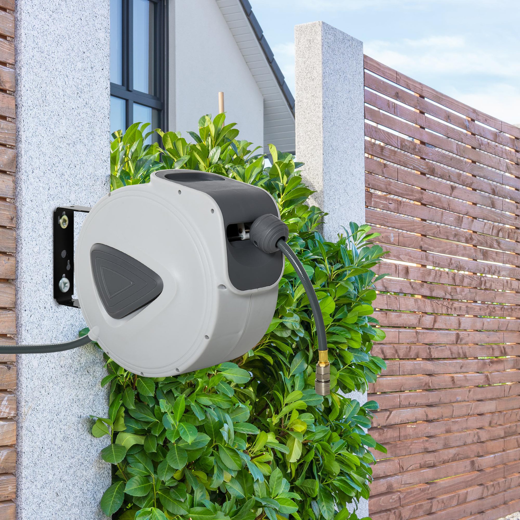 Voir la diapositive 2 : HOMCOM Enrouleur de tuyau à air comprimé - tuyau : 10 m + 0,9 m - Ø intérieur 3/8  (9,5 mm), 1/4  (6,35 mm) BSPT - dévidoir automatique pour tuyau d'air rétractable gris