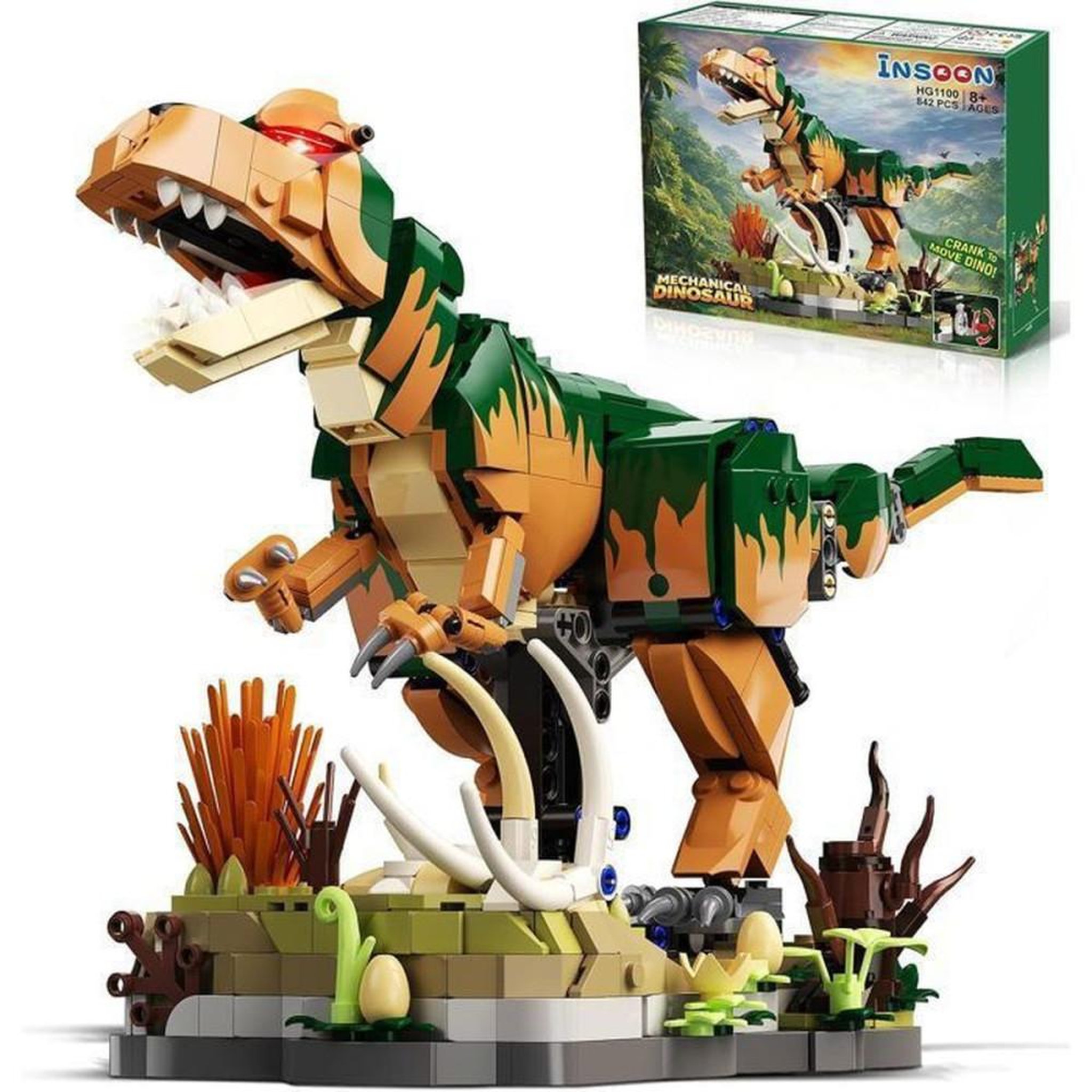 Coffret de construction mécanique dinosaure préhistorique 842 pièces à engrenages animés, système d'action par manivelle