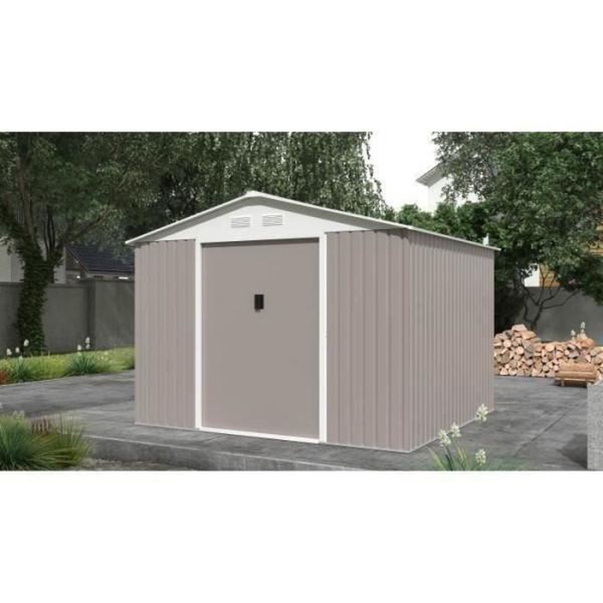 Voir la diapositive 2 : MARKET24 MERCURE Abri de jardin en métal 7,06 m² - 277 x 255 x 202 cm - Kit d'ancrage inclus, 2 portes coulissantes - Taupe