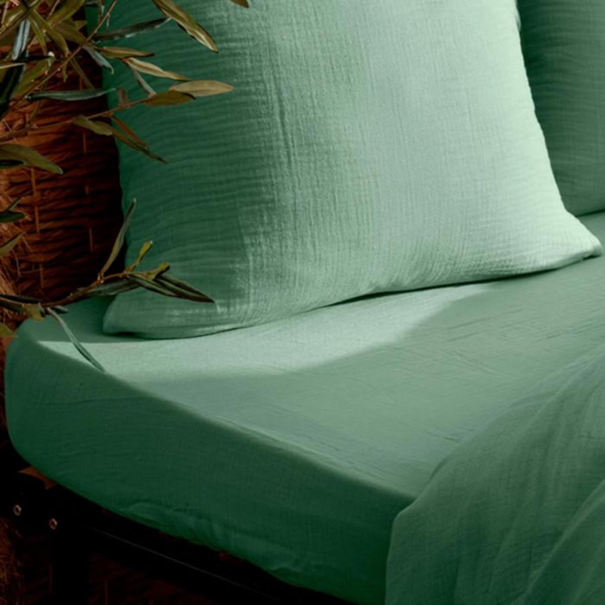 ATMOSPHERA Drap Housse en Gaze de Coton  Flora  140x190cm Vert Céladon