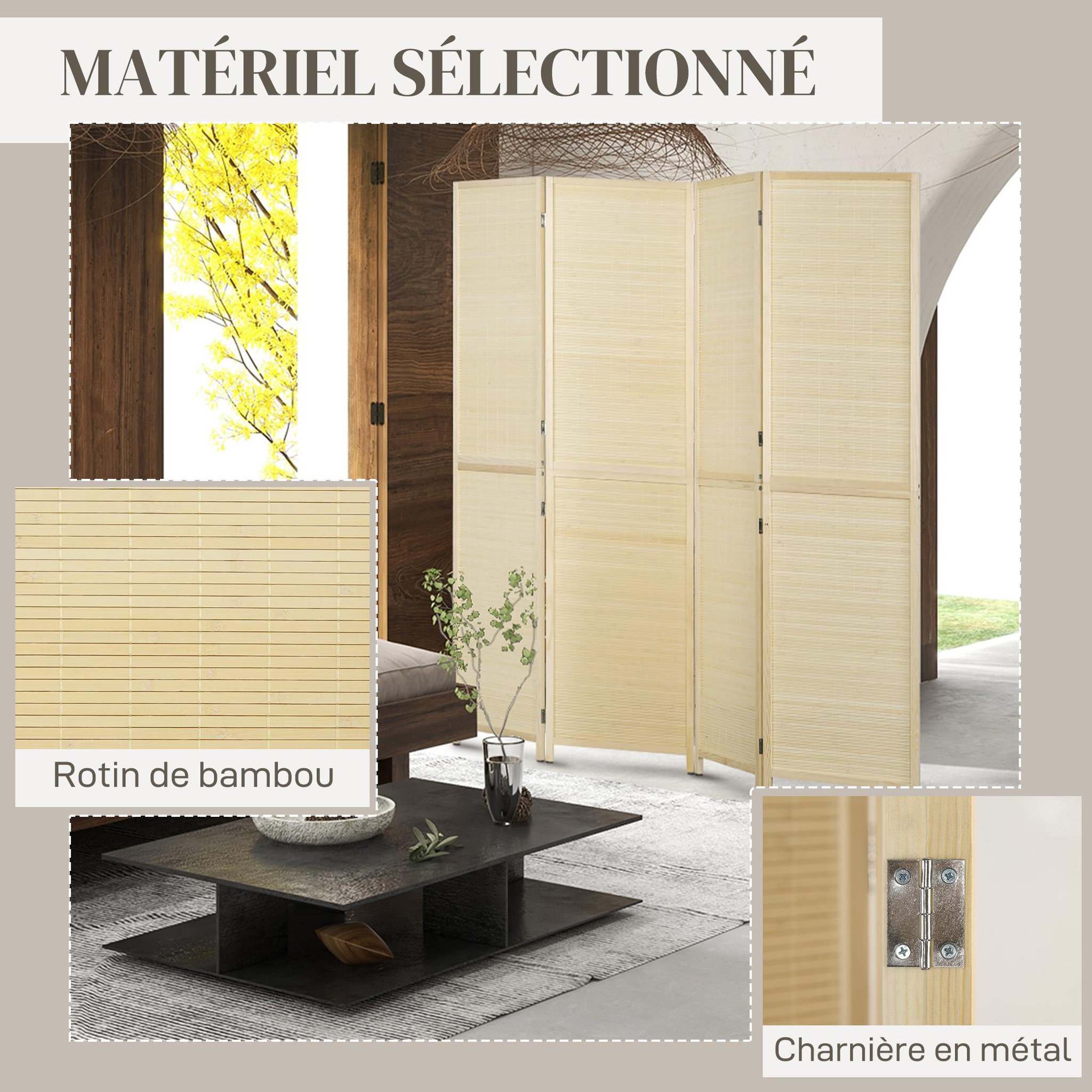 Voir la diapositive 6 : HOMCOM Paravent séparateur de pièce 4 panneaux pliables dim. 180L x 180H cm bois de bambou