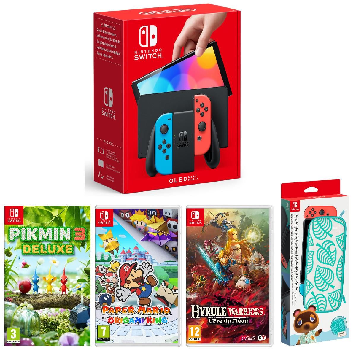 NINTENDO Console Nintendo Switch OLED Néon + Pikmin 3 + Paper Mario: The Origami King + Hyrule Warriors: L'ère du Fléau + Pochette de transport et protection d'écran Animal Crossing Nintendo Switch