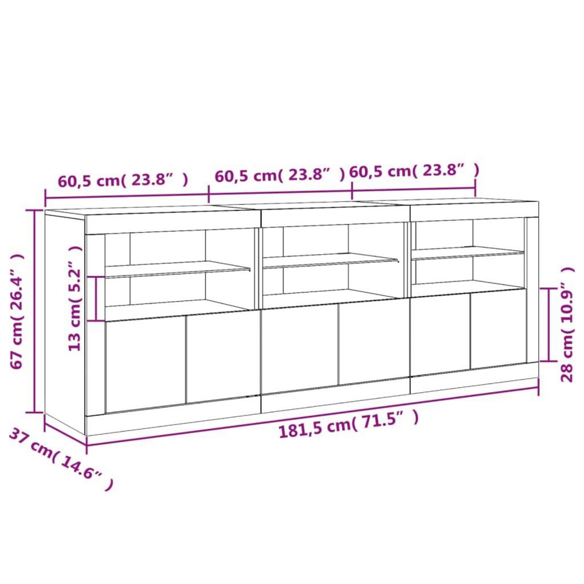 VIDAXL Buffet avec lumieres LED sonoma gris 181,5x37x67 cm