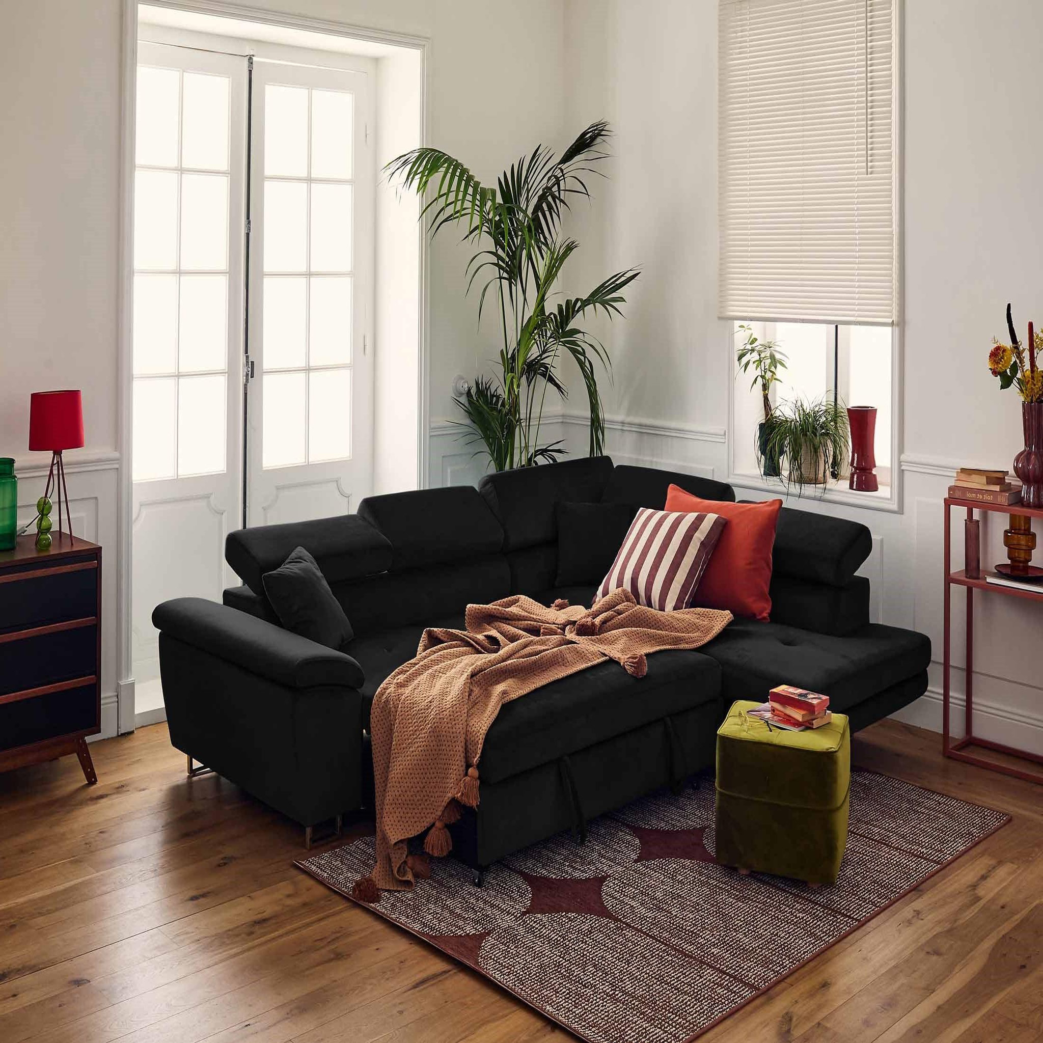 Voir la diapositive 3 : BEST MOBILIER Dimas - canapé d'angle droit 5 places - convertible avec coffre et têtières réglables - en velours