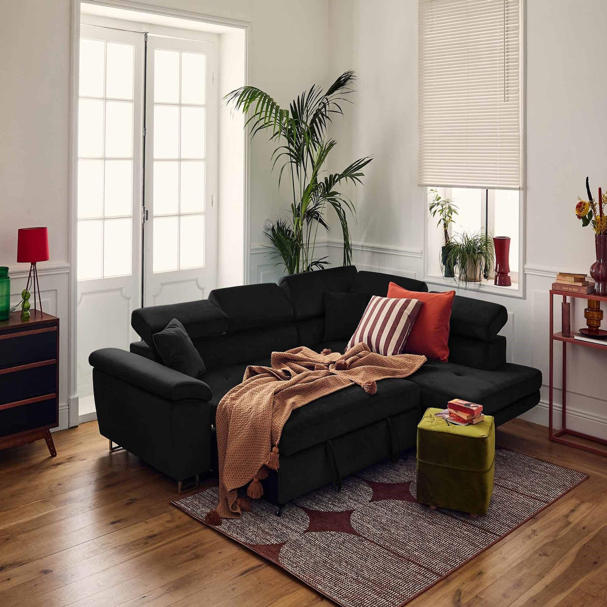 BEST MOBILIER Dimas - canapé d'angle droit 5 places - convertible avec coffre et têtières réglables - en velours