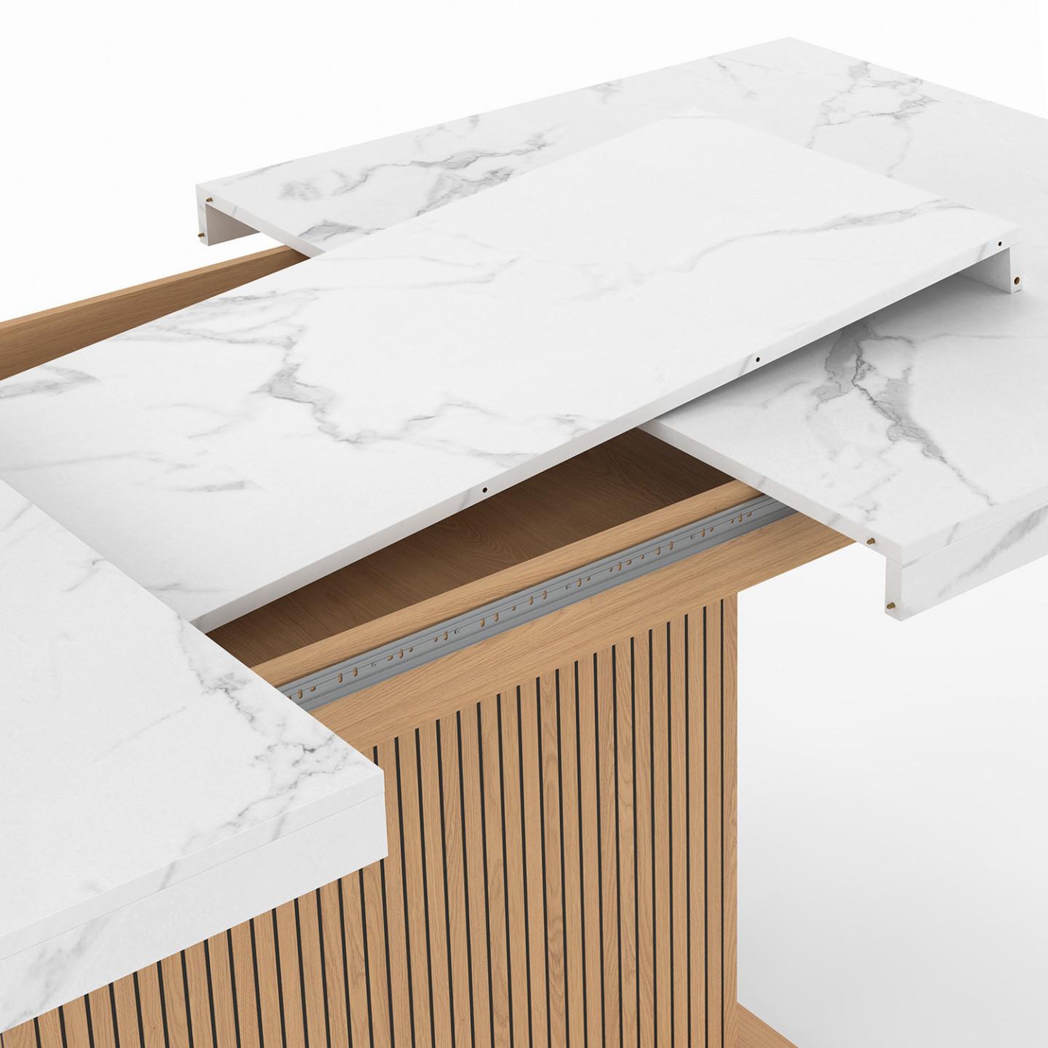 Voir la diapositive 6 : ID MARKET Table à manger extensible rectangle juliette 6-10 personnes plateau effet marbre lattes tasseau bois avec rangement 160-200 cm