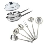 Fackelmann Set de 2 poêles 20 et 24 cm en inox, 2 couvercles verre et 6 ustensiles inox Fackelmann Eterna