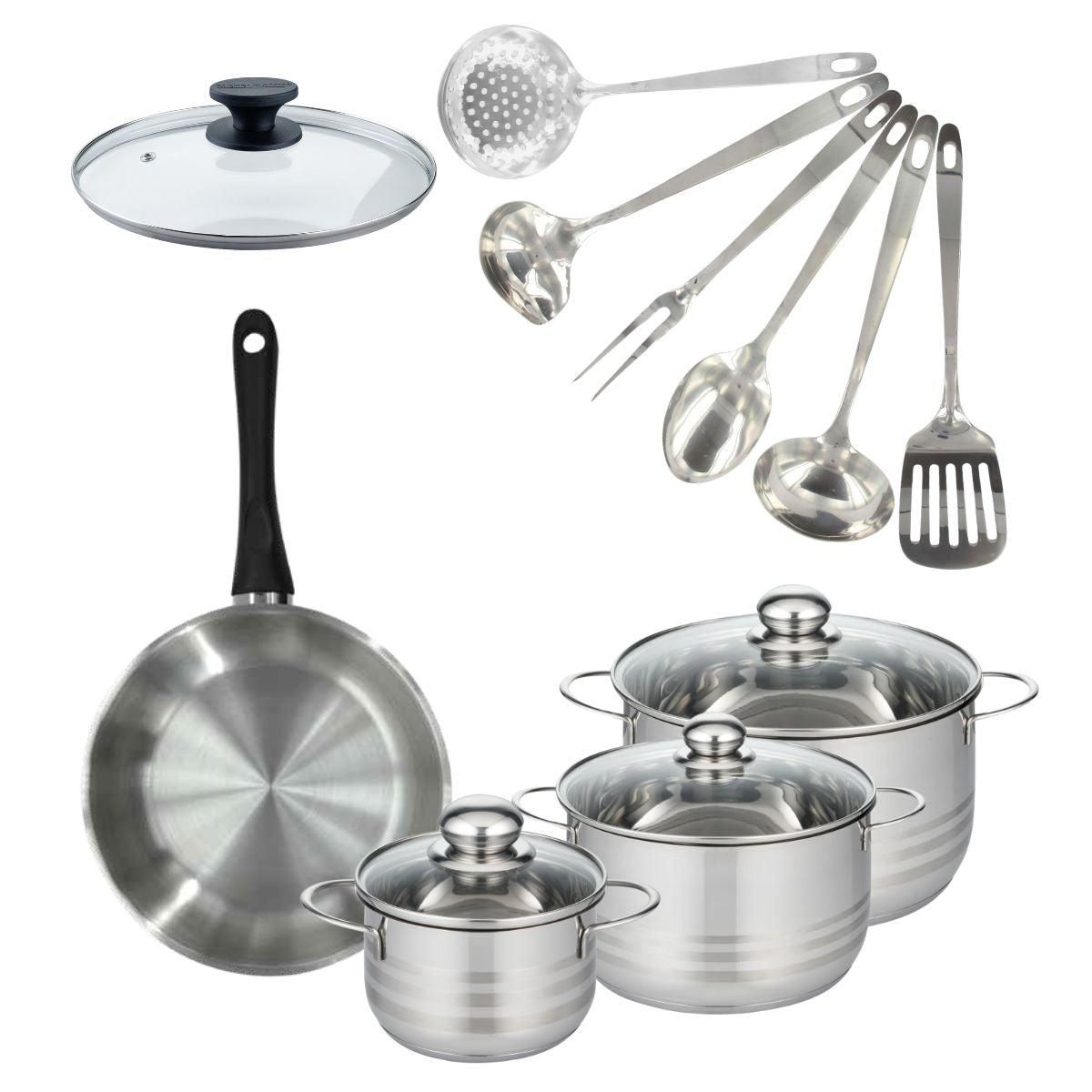 Fackelmann Set de 1 poêle 24 cm inox, couvercle verre, 3 faitouts inox 16, 20 et 24 cm et 6 ustensiles inox Fackelmann Geneva