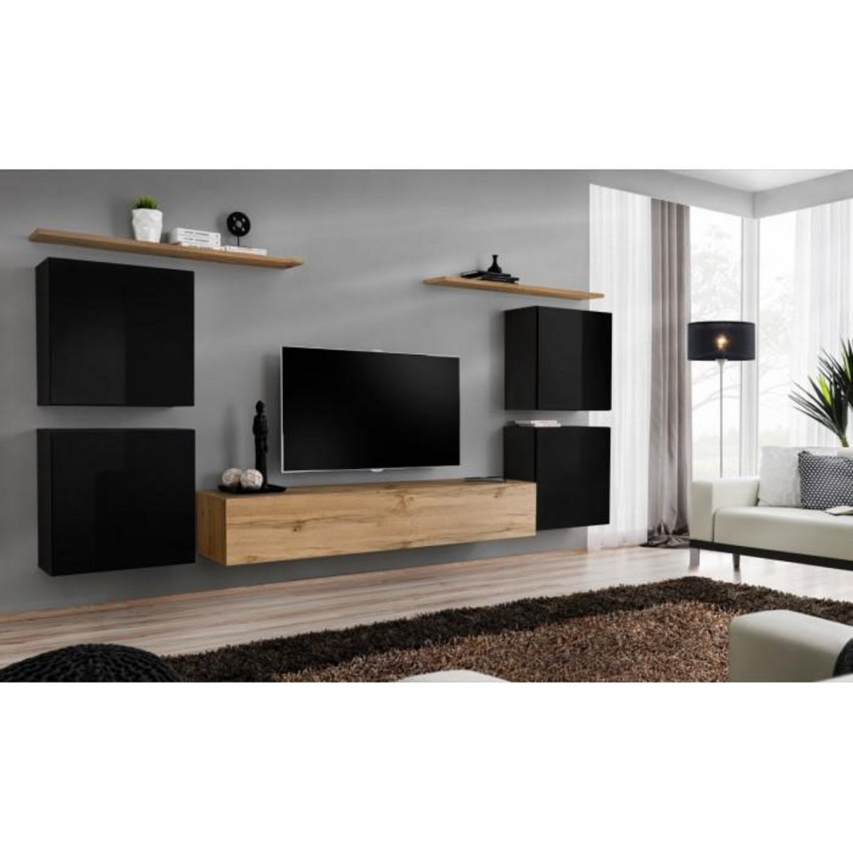Paris Prix Meuble TV Mural Design  Switch IV  320cm Noir & Naturel