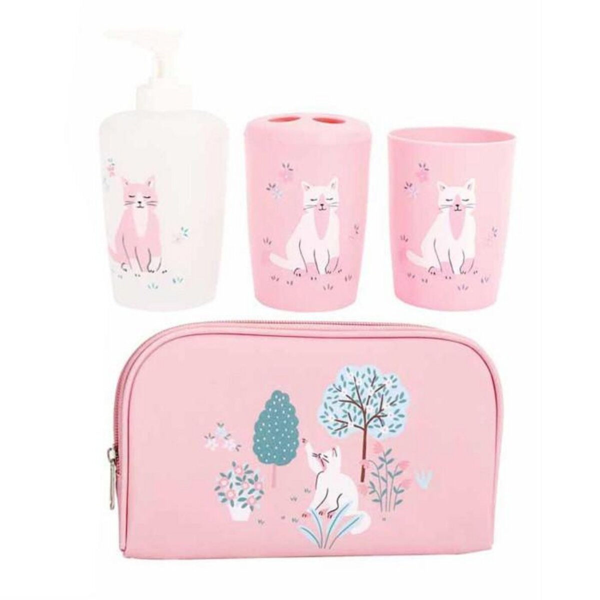 Paris Prix Set 4 Accessoires Salle de Bain Enfant  Chaton  Rose