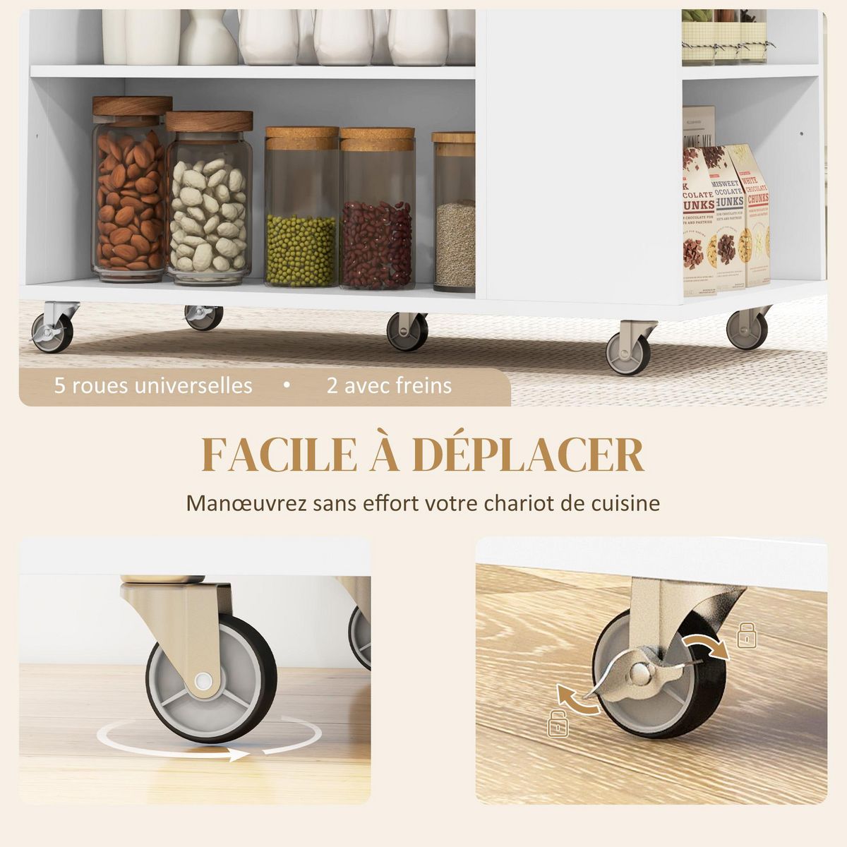 HOMCOM Desserte de cuisine style cosy chic multi-rangement blanc bois hévéa