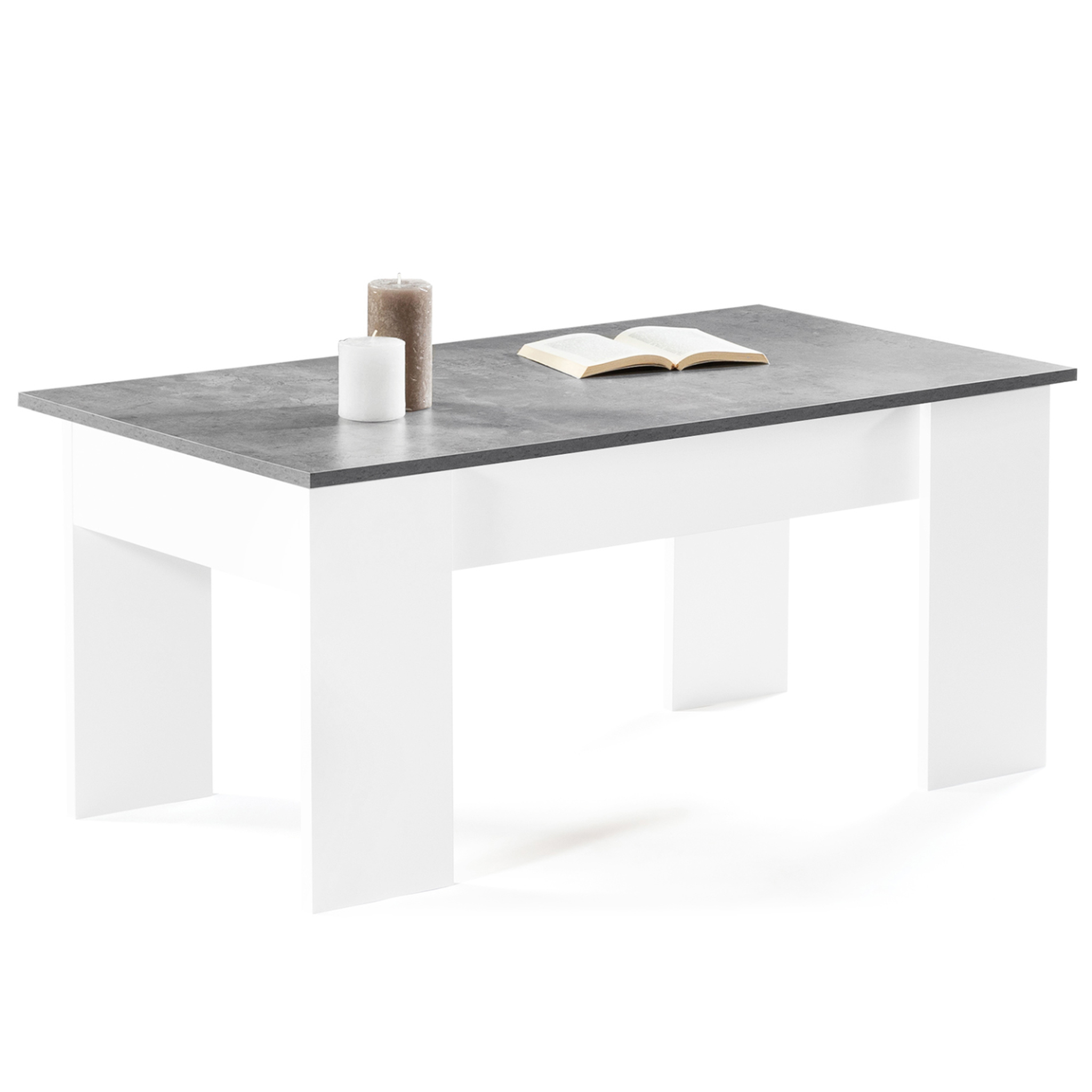 Voir la diapositive 4 : ID MARKET Table basse plateau relevable rectangulaire tara bois blanc et effet béton