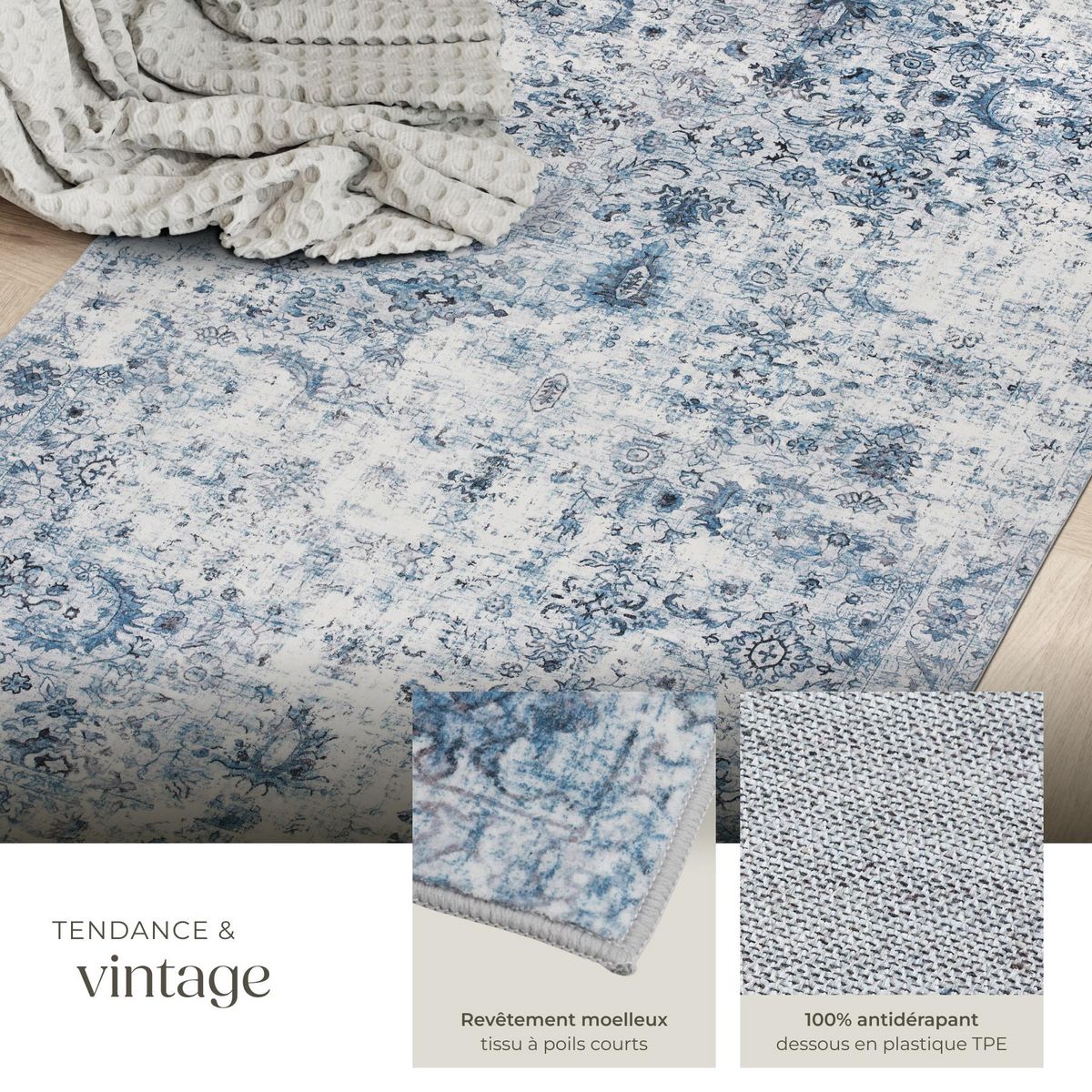 tectake Tapis vintage design à poils courts en laine synthétique et feutre bleu 80 x 150 cm