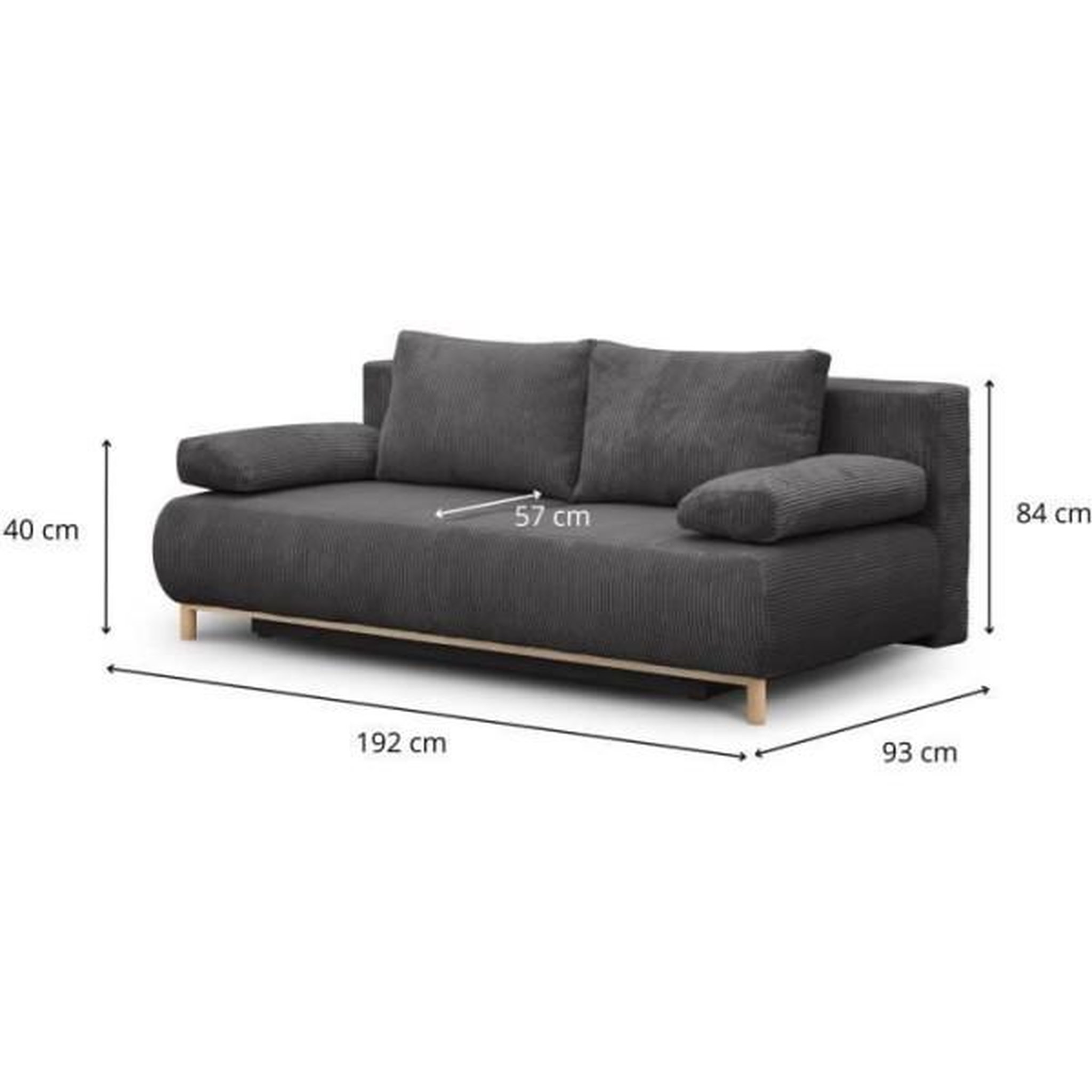Voir la diapositive 3 : MARKET24 Banquette convertible 3 places MIKA - Velours côtelé gris foncé - Coffre de rangement - L 192 x H 84 x P 93 cm