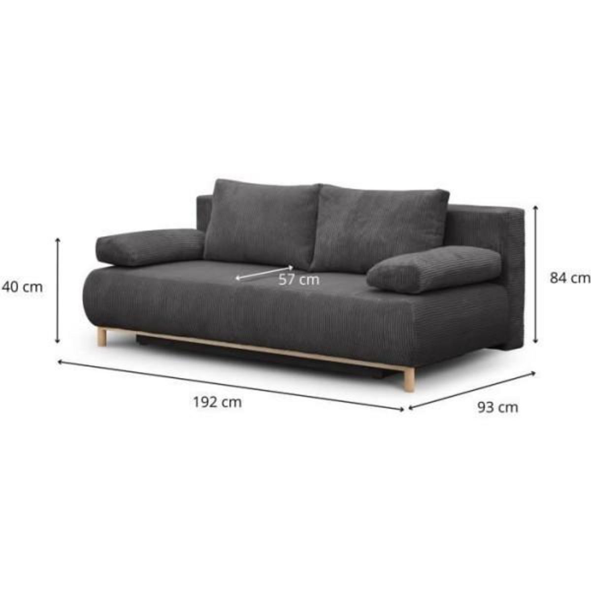 MARKET24 Banquette convertible 3 places MIKA - Velours côtelé gris foncé - Coffre de rangement - L 192 x H 84 x P 93 cm