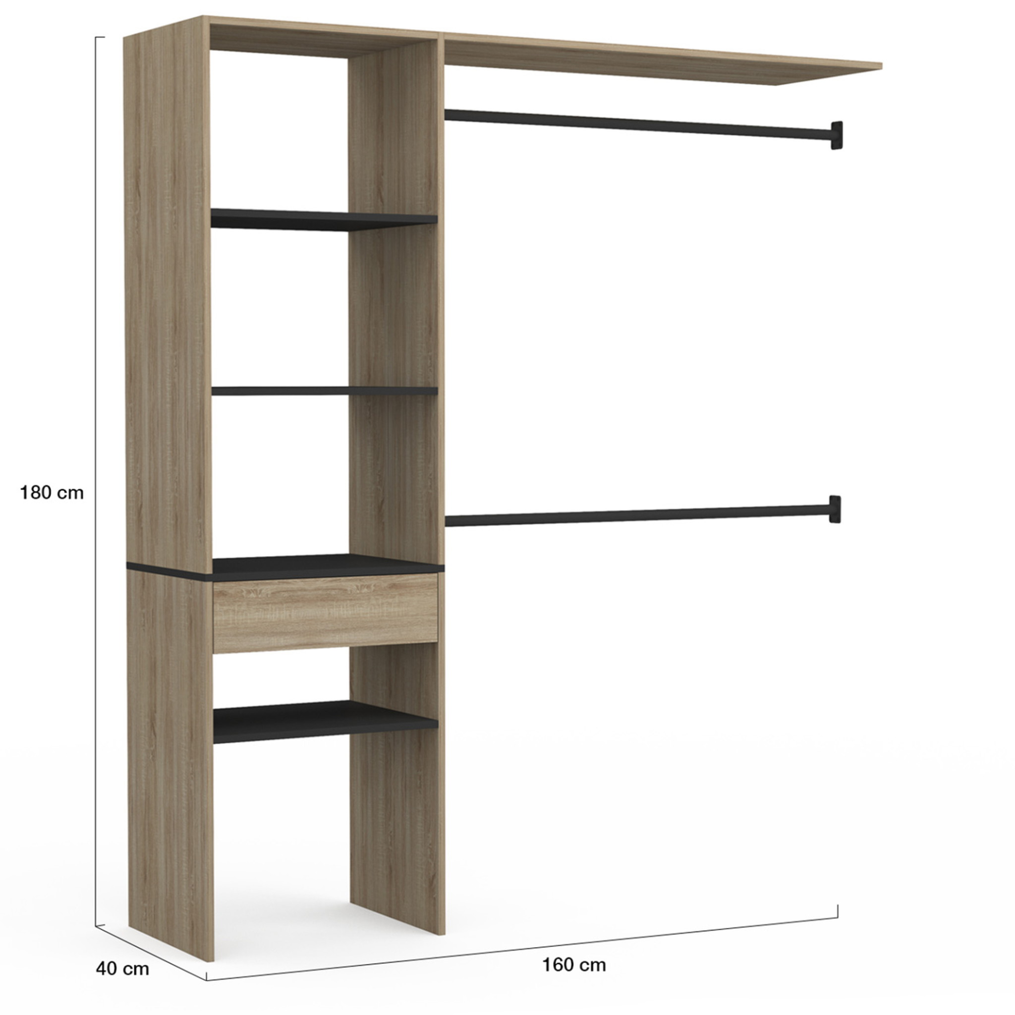Voir la diapositive 4 : ID MARKET Kit dressing meline 160 x 40 x 180 cm hêtre avec étagères noires + tiroir + double penderie
