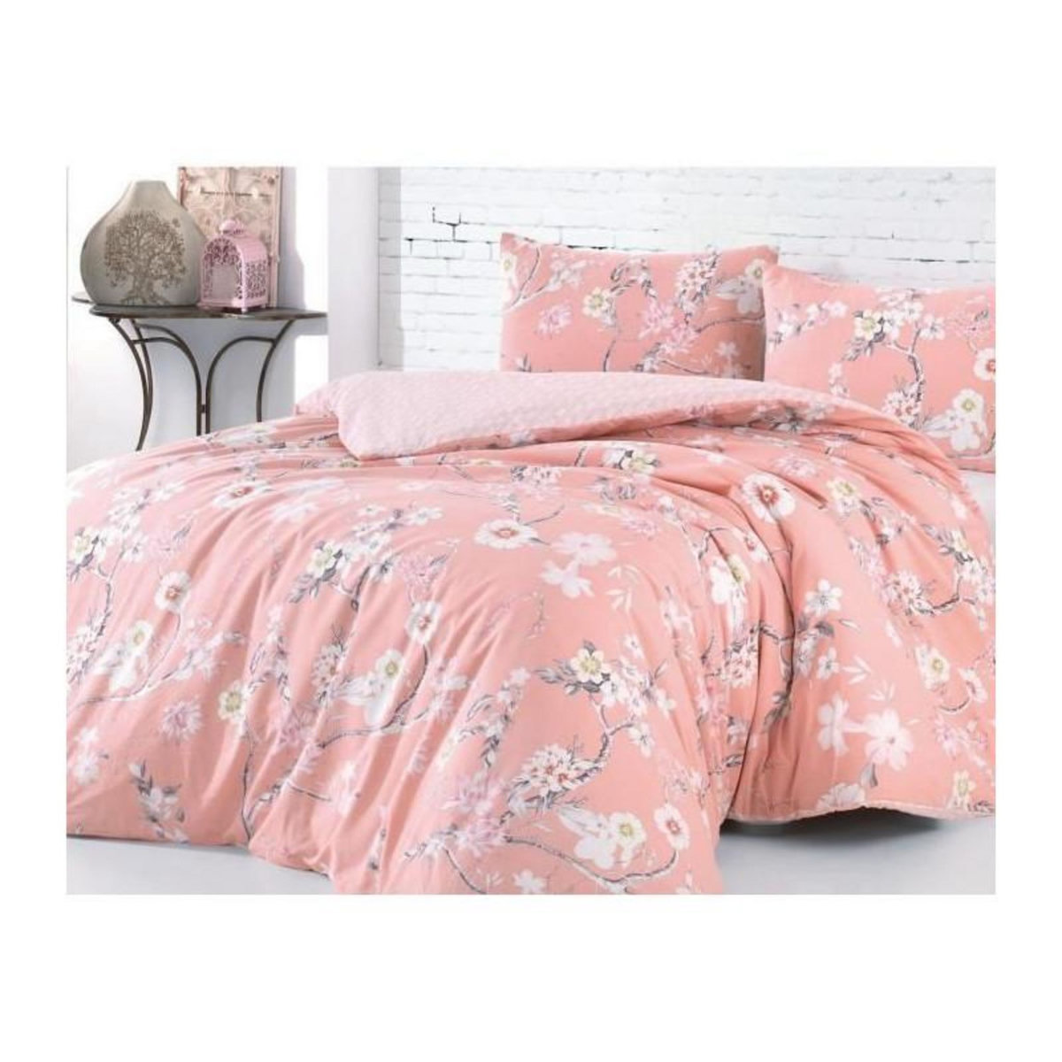 GENERIQUE Parure de lit - 1 housse de couette 220 x 240 cm + 2 taies d'oreiller 60 x 60 cm - 100% coton renforcé - Poudre