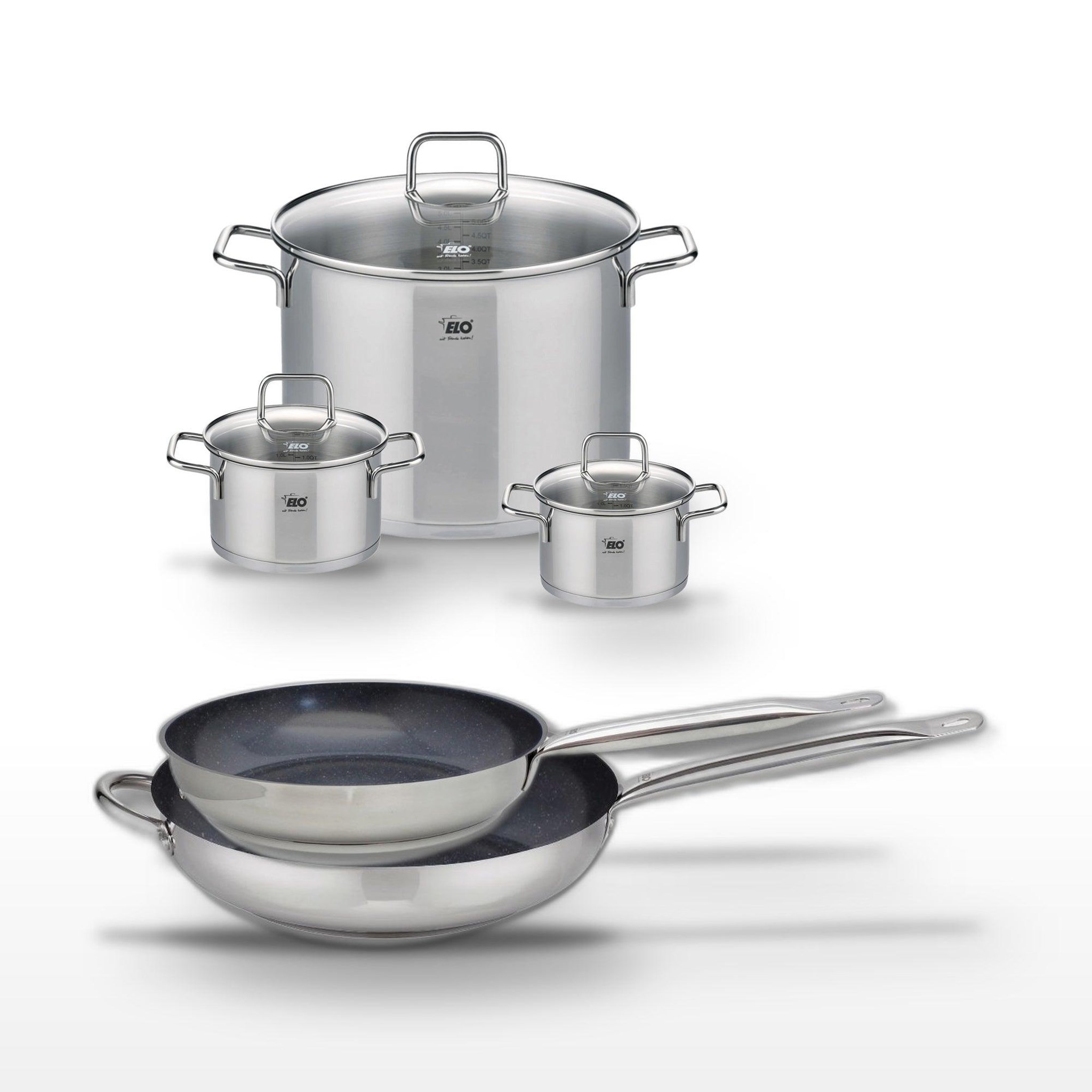ELO Lot 2 poêles céramique 28/32 cm & 3 faitouts inox elo profi therm platinum