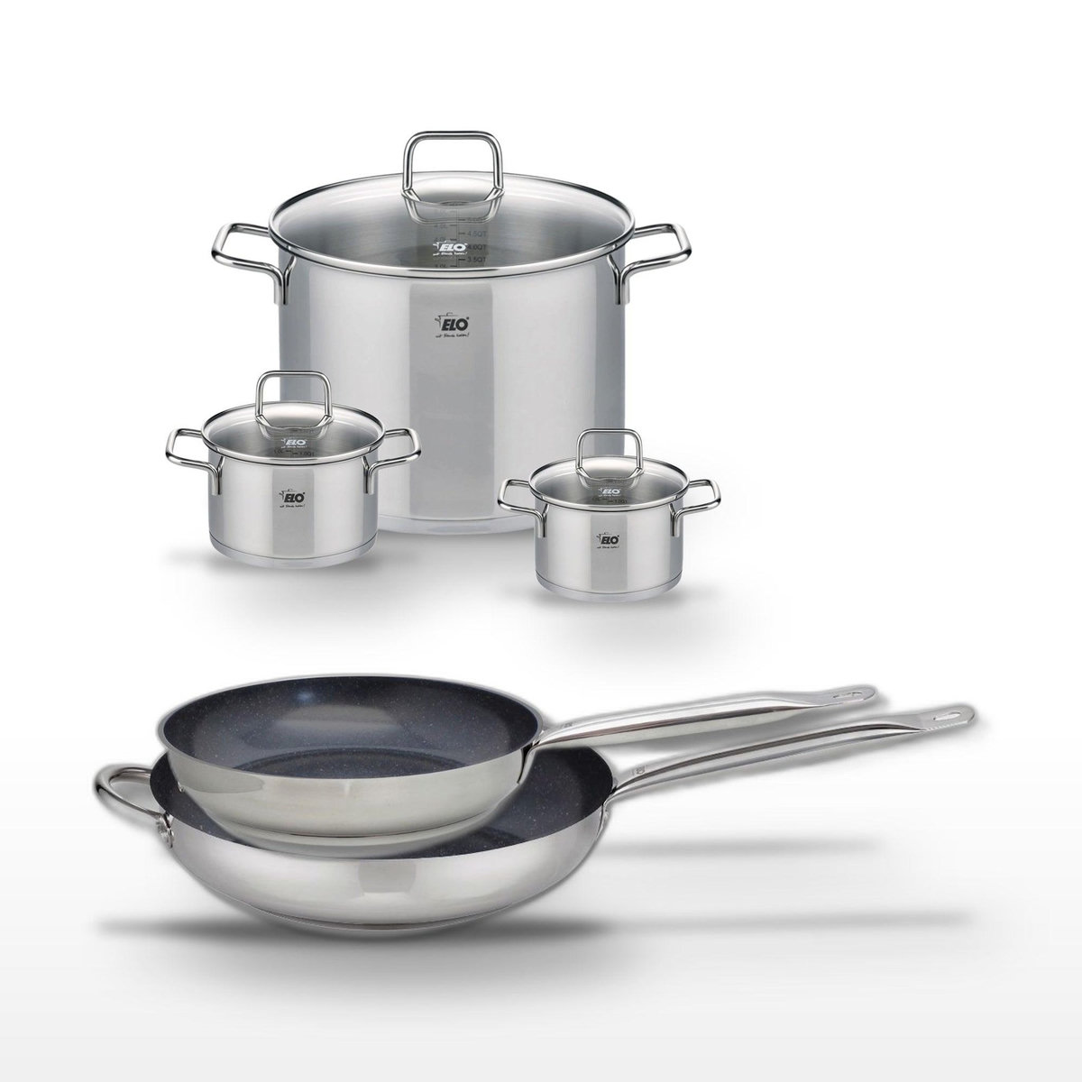 ELO Lot 2 Poêles céramique 28/32 cm & 3 Faitouts inox Elo Profi Therm Platinum