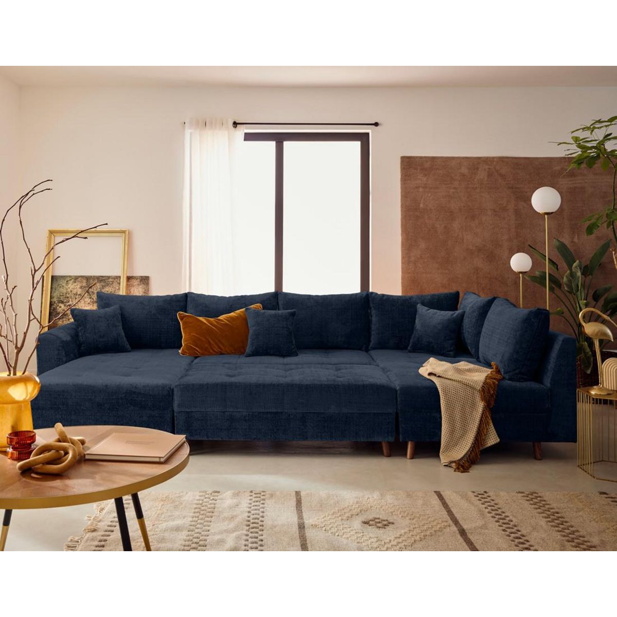 LISA DESIGN Rune - canapé panoramique d'angle droit 7 places en velours texturé