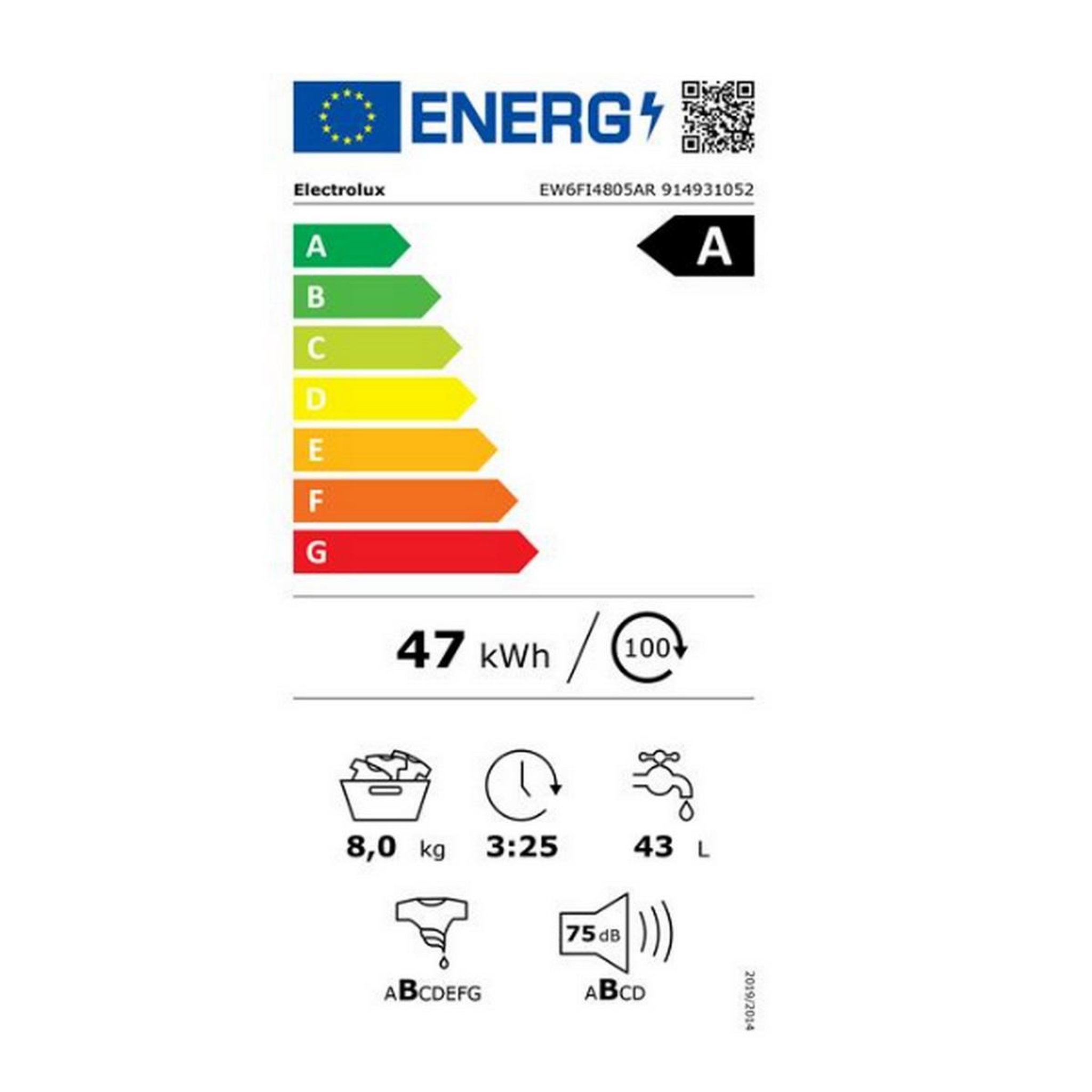 Voir la diapositive 2 : ELECTROLUX Lave-linge frontal 60cm 8kg 1400 tours/min - ew6fi4805ar