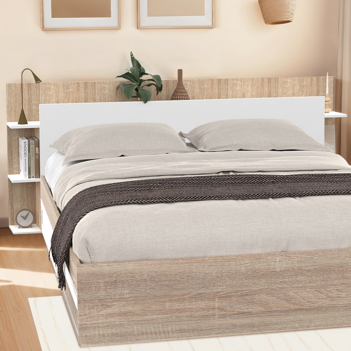 ID MARKET Tête de lit sur pied CIRI pour lit 140 et 160 cm avec rangements blanc et bois