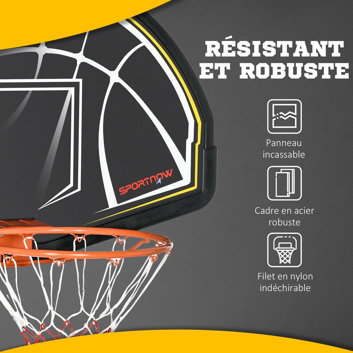 HOMCOM Panier de basket-ball mural avec ressort - panneau de basket à accrocher - visserie incluse - acier PE jaune noir
