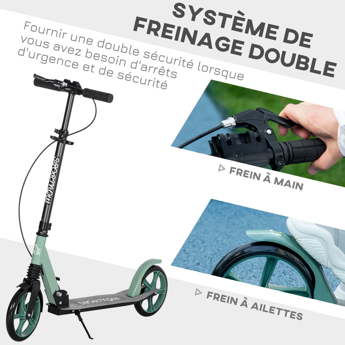 HOMCOM Trottinette pliable adulte béquille double frein amortisseur hauteur guidon réglable roulement PU abec-9 alu. métal vert noir
