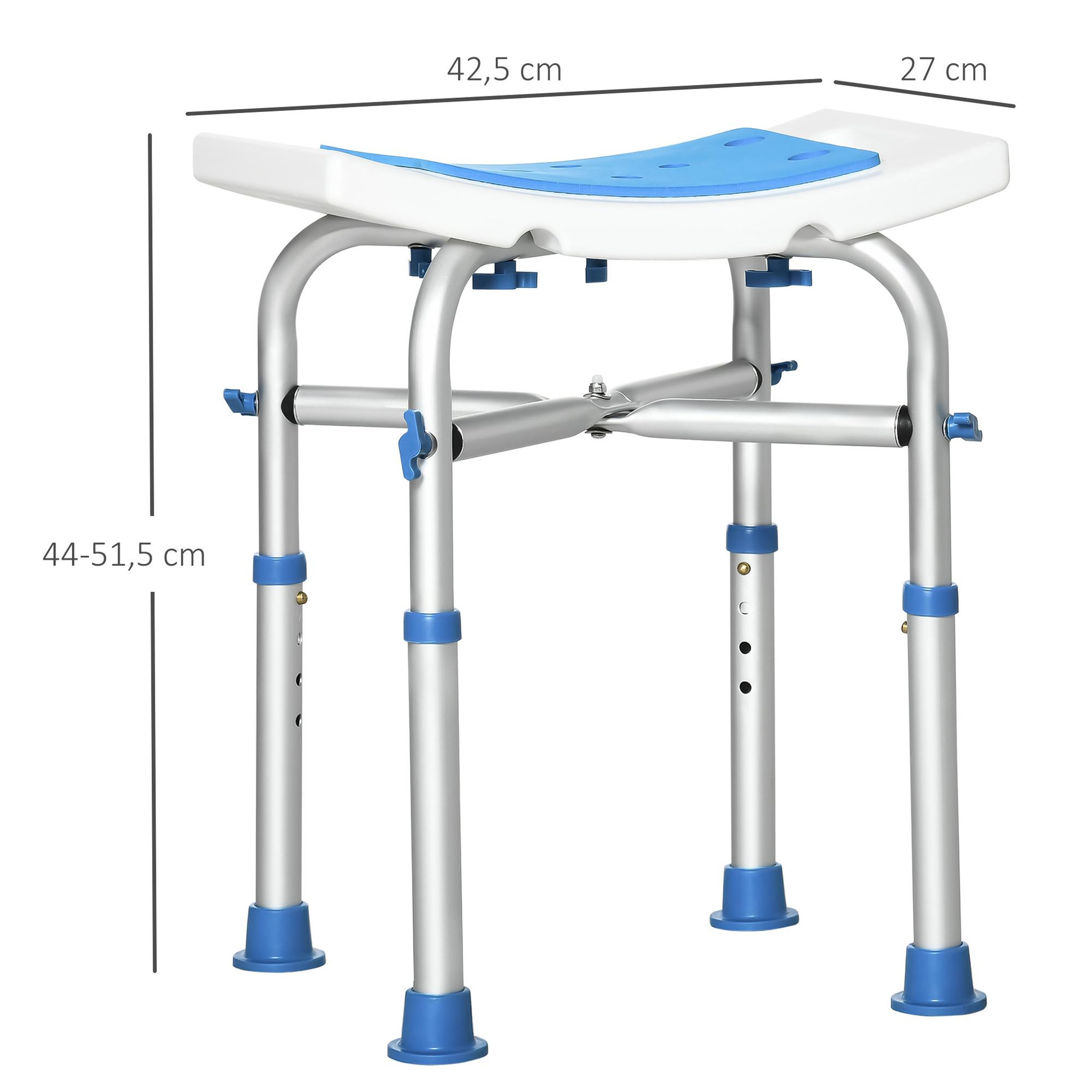 Voir la diapositive 3 : HOMCOM Siège de douche réglable en hauteur tabouret de douche ergonomique pieds antidérapants charge max. 150 kg alu hdpe blanc bleu