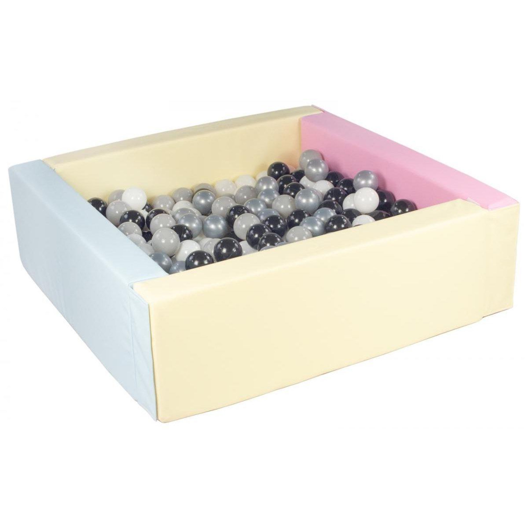 VELINDA Piscine à balles carrée avec 200 balles - rose, bleu, jaune (pastel)/noir, blanc, gris, argent