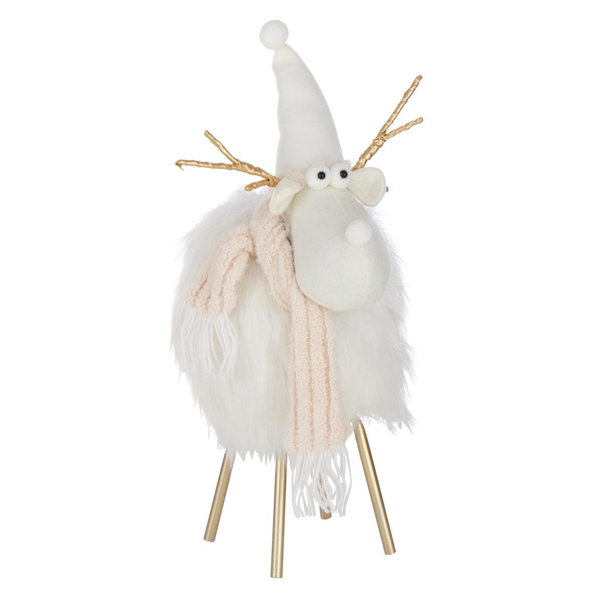 J-LINE Statuette renne déco  bonnet & foulard  46cm blanc