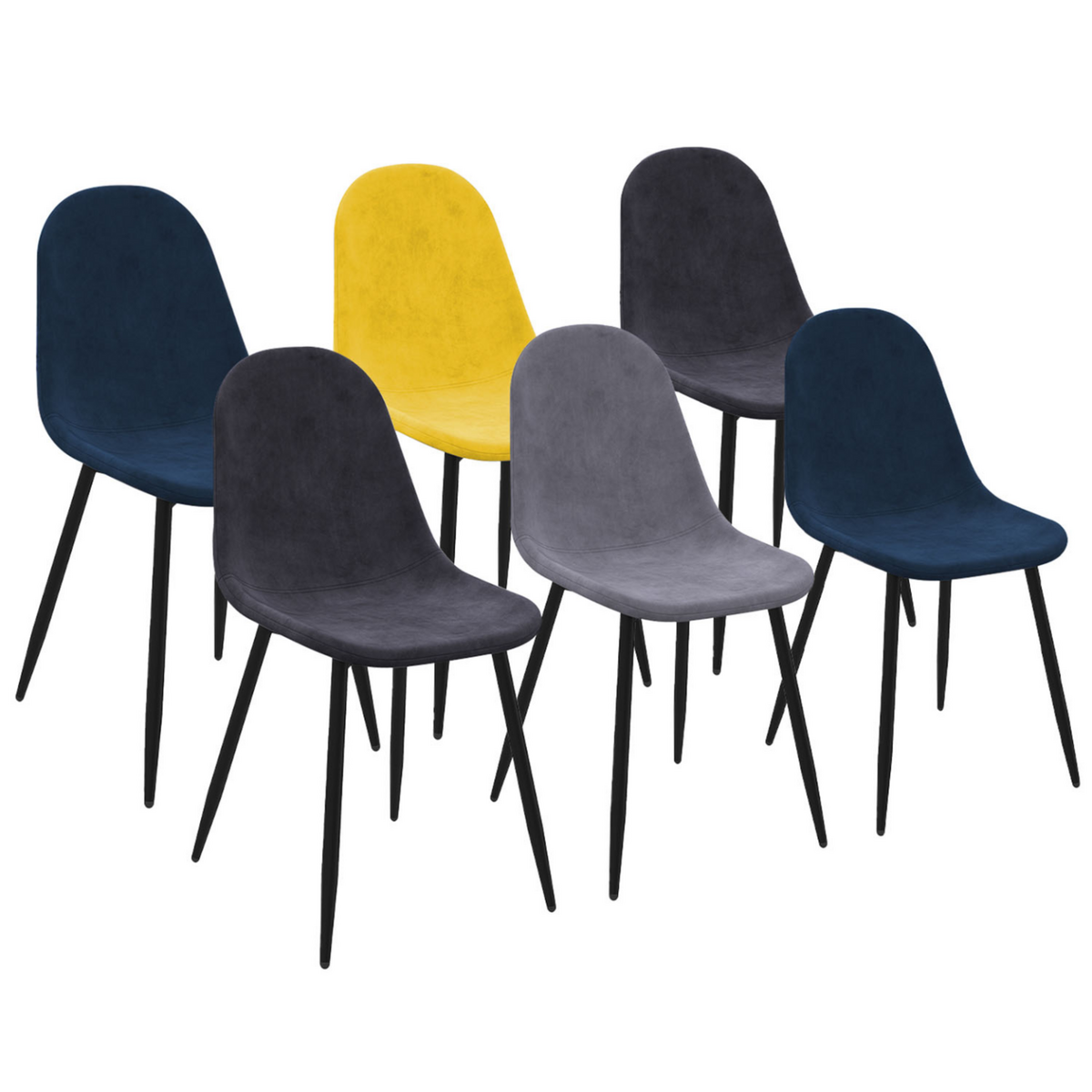 ID MARKET Lot de 6 chaises DALI en velours mix color bleu, gris foncé, gris clair et jaune