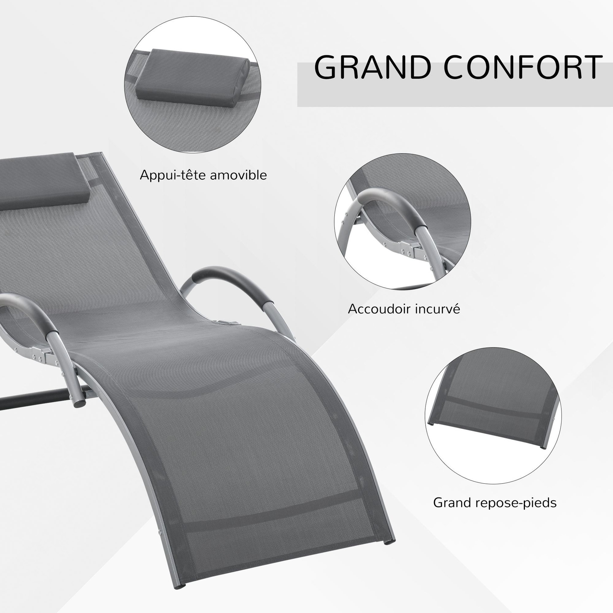 Voir la diapositive 5 : OUTSUNNY Bain de soleil transat design contemporain avec appui-tête grand confort léger aluminium textilène 160 x 60 x 65 cm gris
