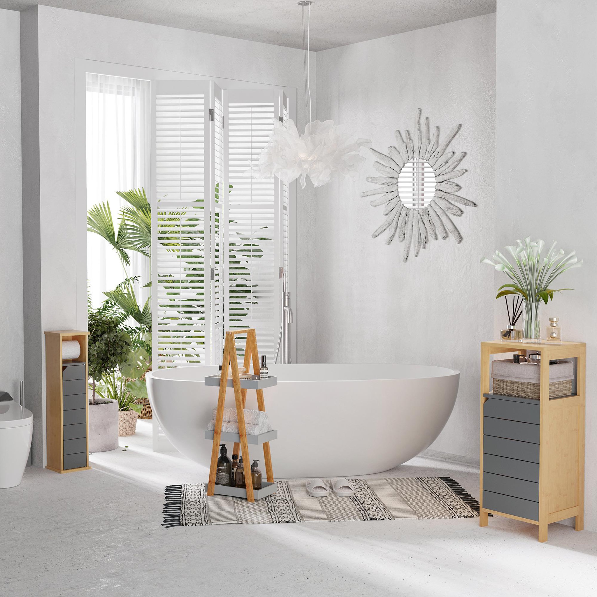 Voir la diapositive 2 : HOMCOM Support papier toilette - porte-papier toilette - armoire pour papier toilette - 2 niveaux + sortie papier mdf gris bambou